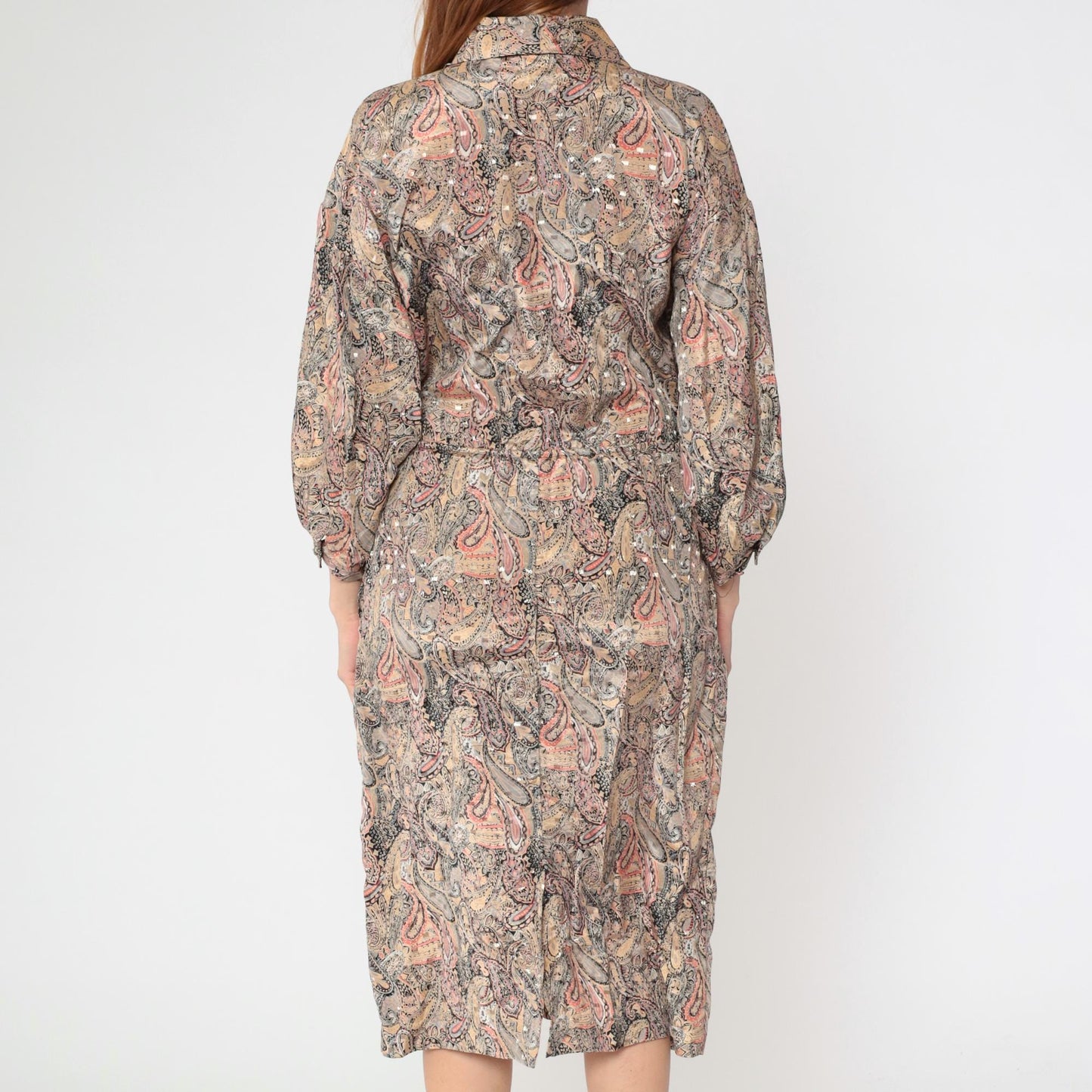 80s The Jones Girl Paisley Midi Dress High Waist Button Up Beige Medium
