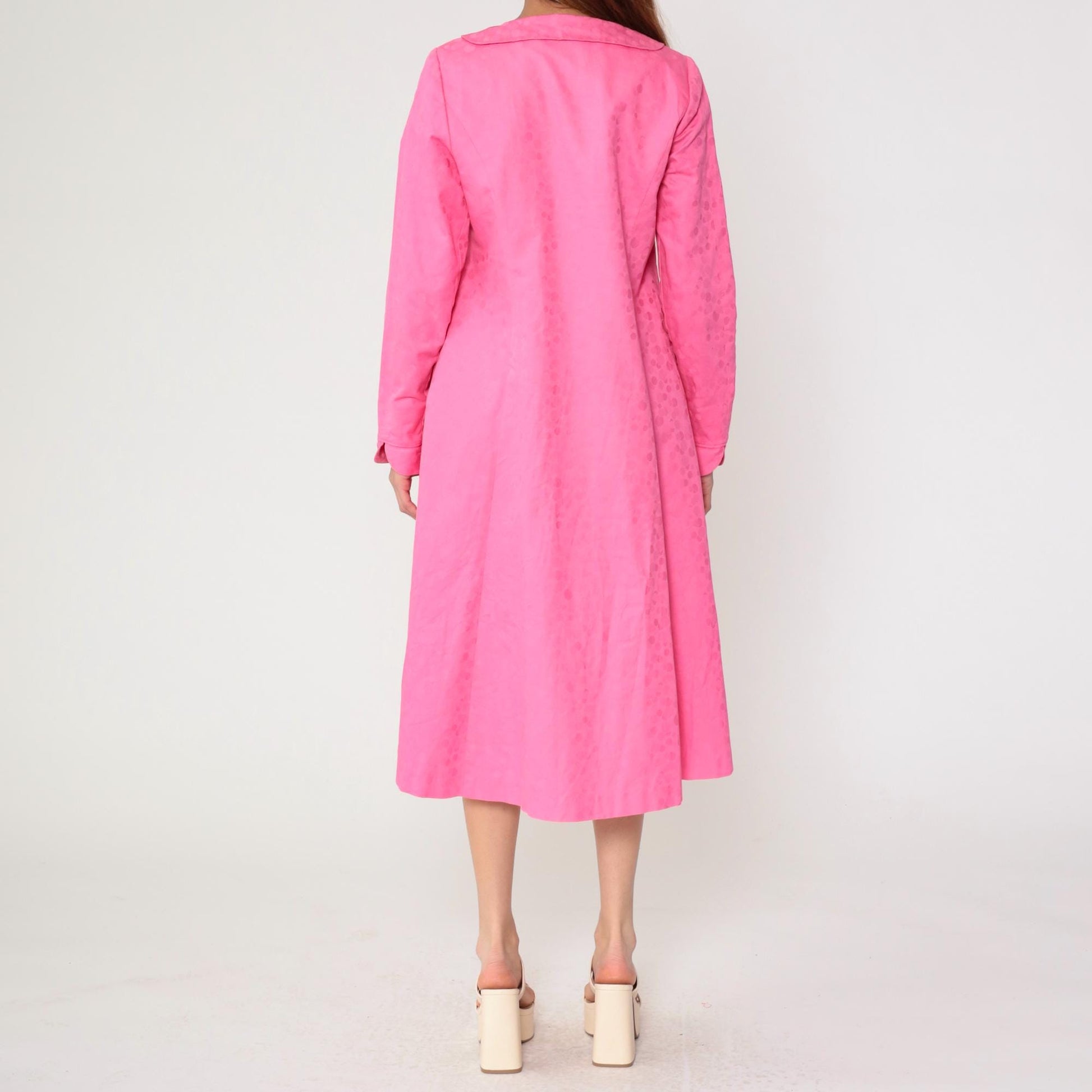 90s Fuchsia Jacquard Polka Dot Button-Up Midi Dress Long Sleeve Medium