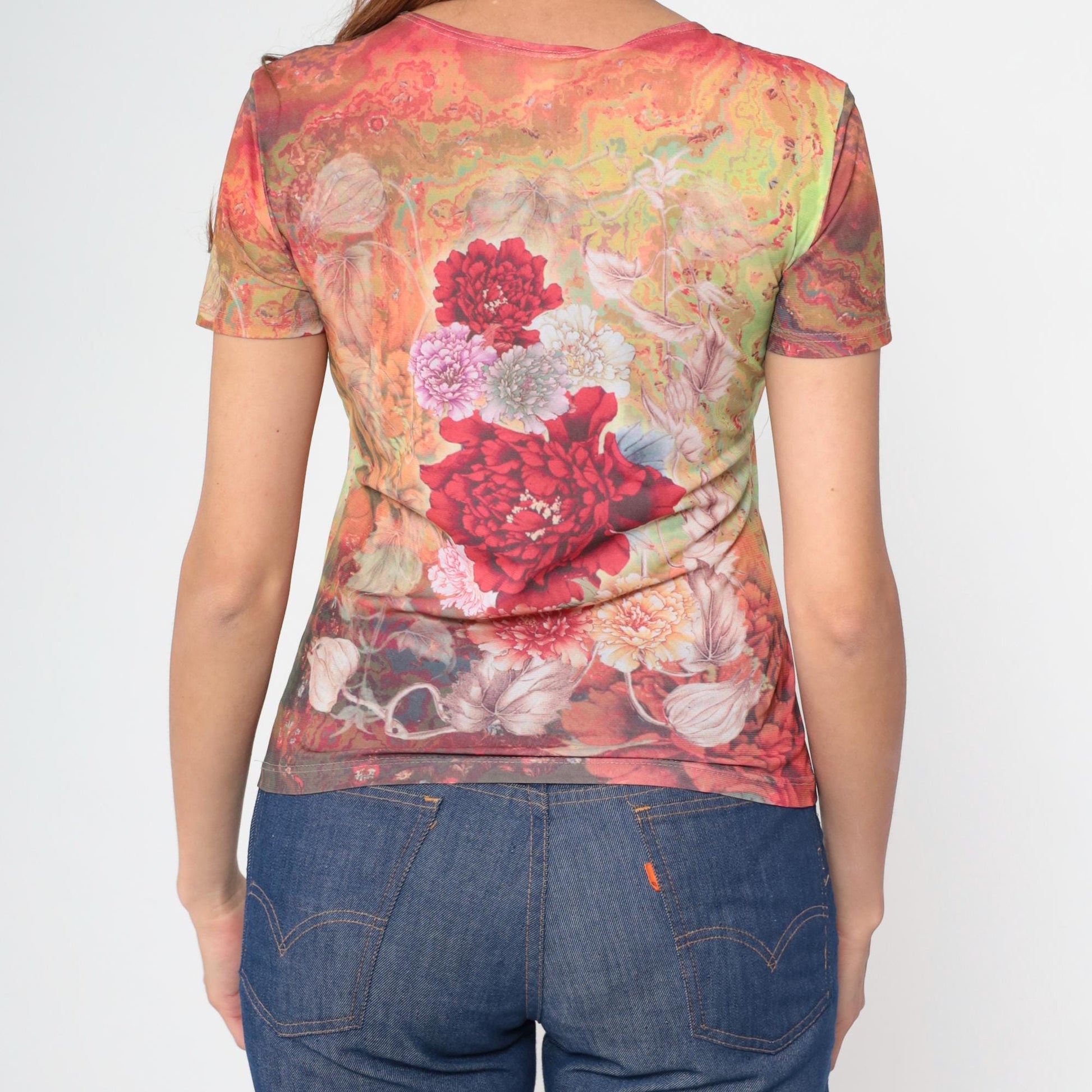 Y2K Floral Graphic V-Neck Blouse Short Sleeve Fitted Top Medium M