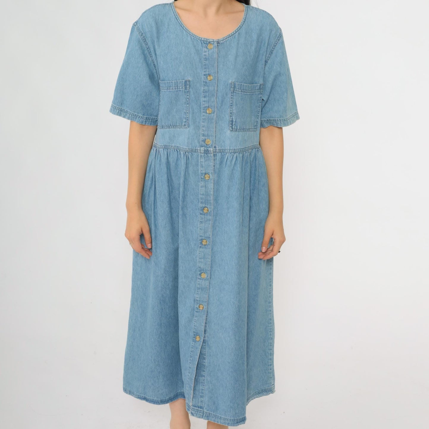 90s Mizz Lizz Blue Denim Midi Shirtdress Gathered Waist Medium M