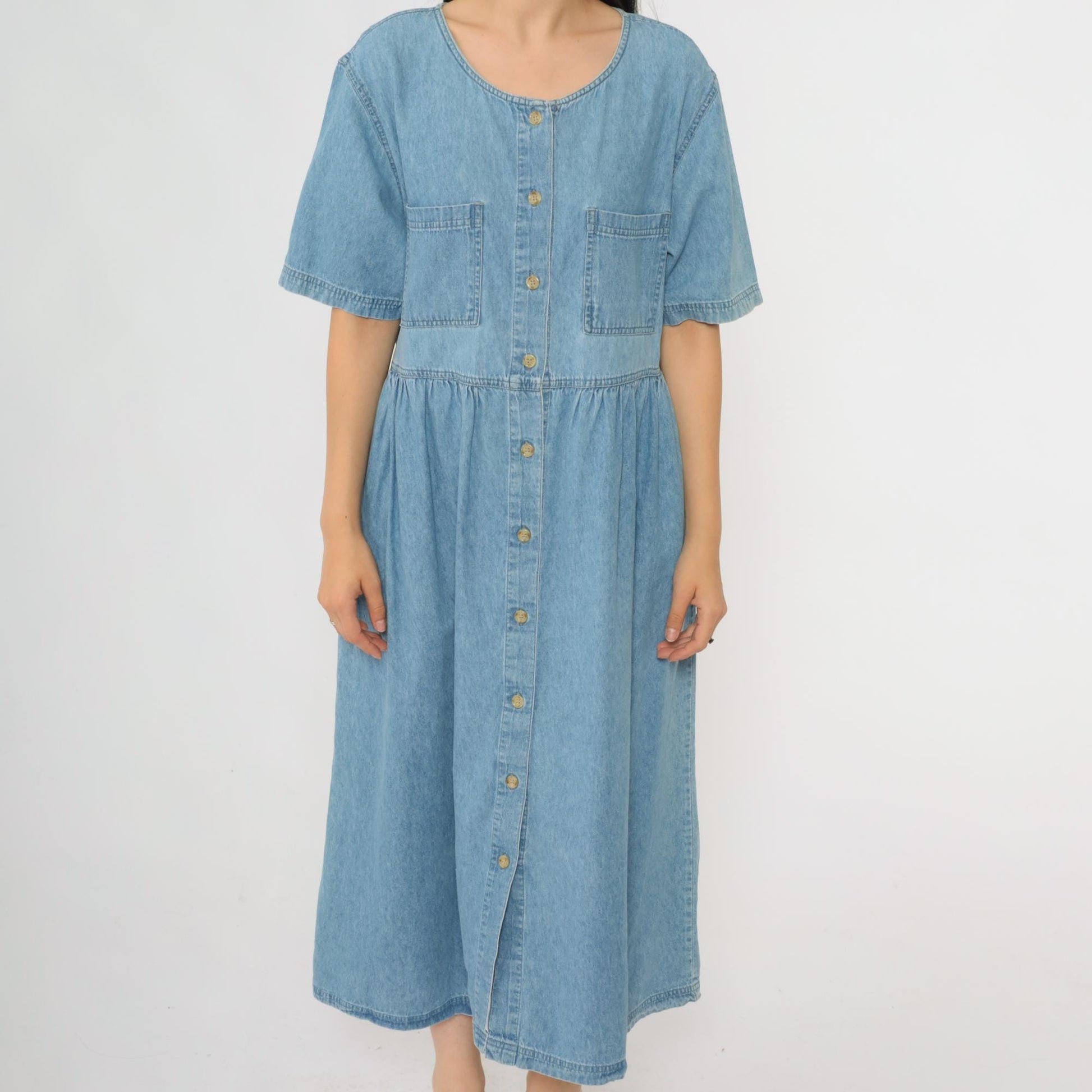 90s Mizz Lizz Blue Denim Midi Shirtdress Gathered Waist Medium M
