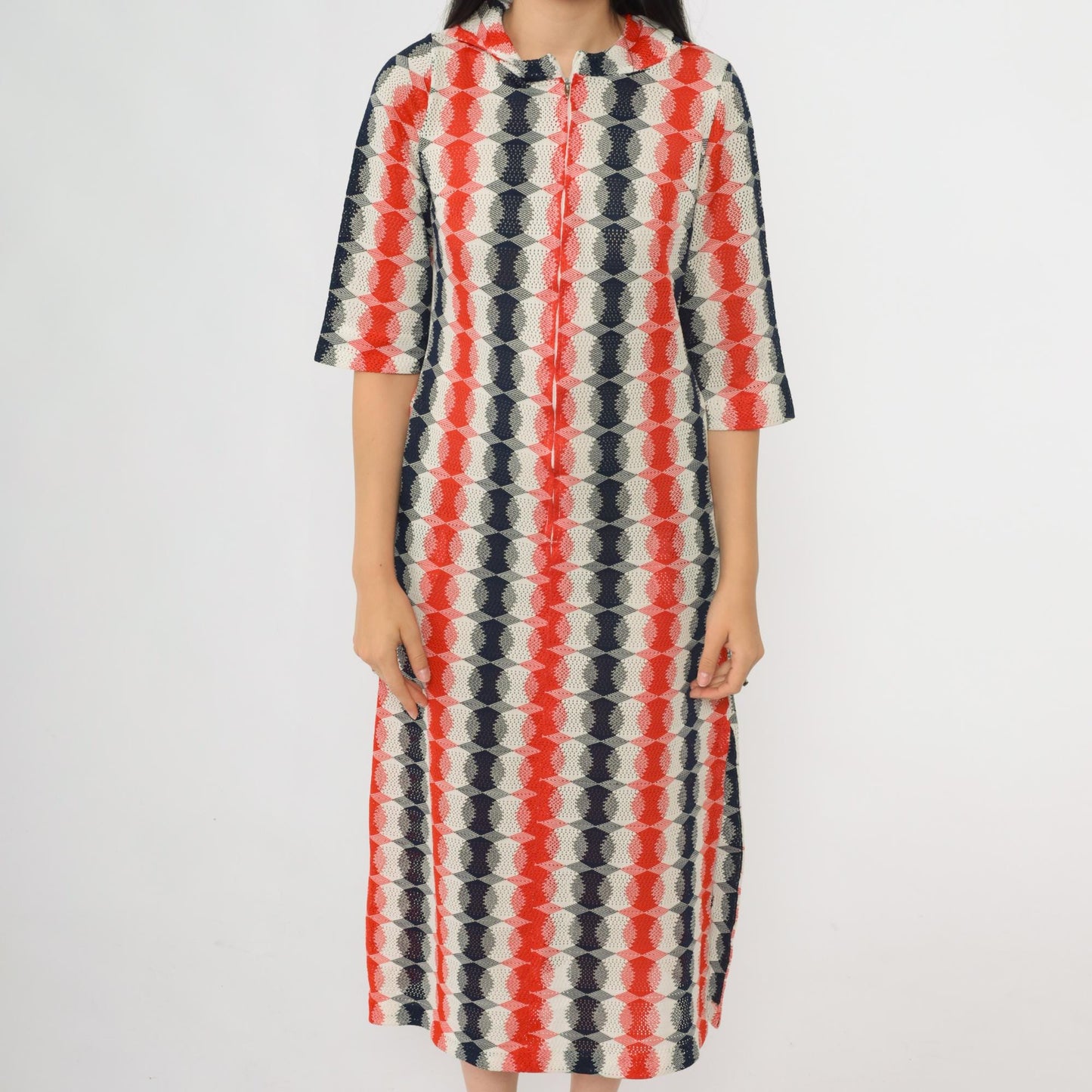 70s Mod Op Art Zip Dress Red Navy White Hooded Midi Cutout Small