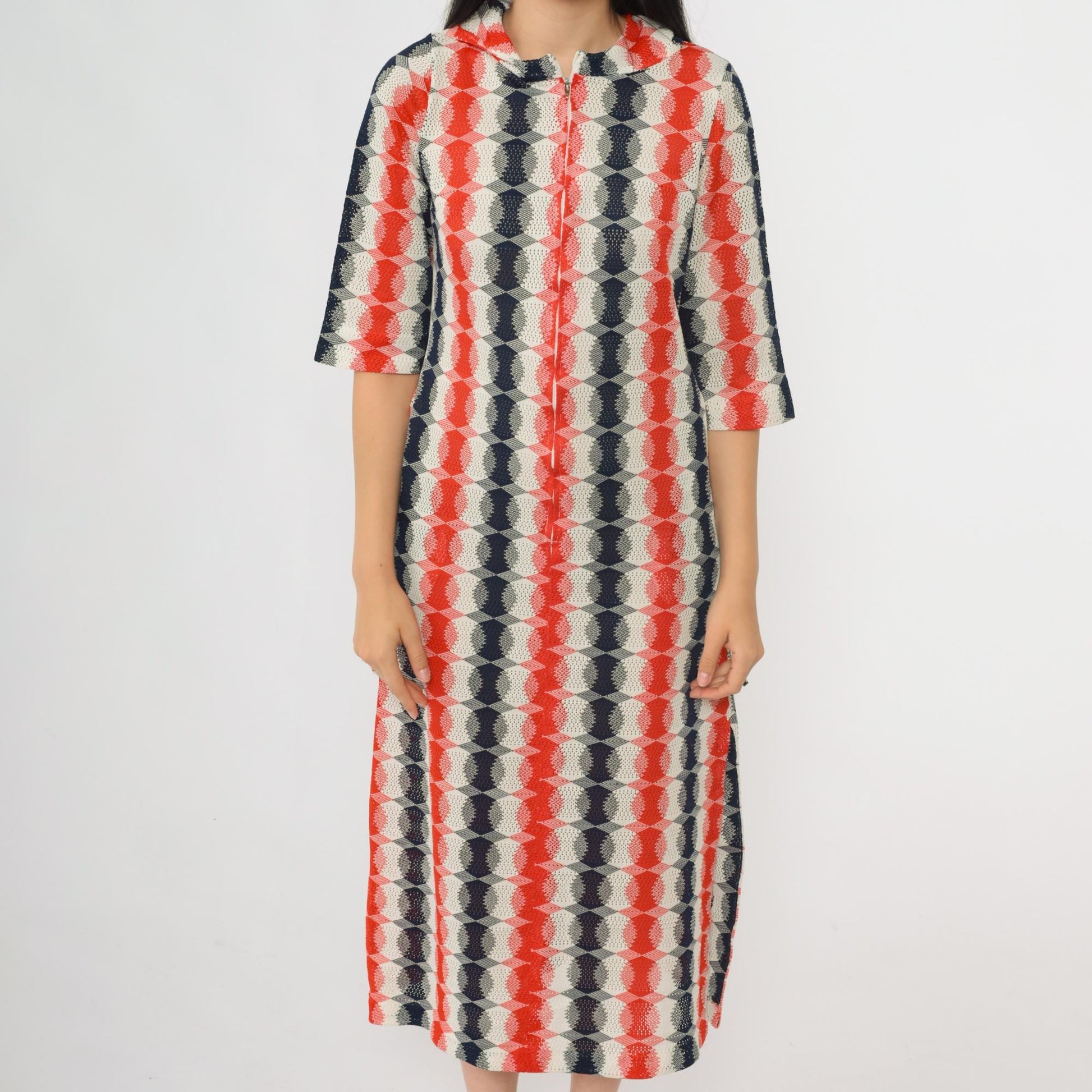 70s Mod Op Art Zip Dress Red Navy White Hooded Midi Cutout Small