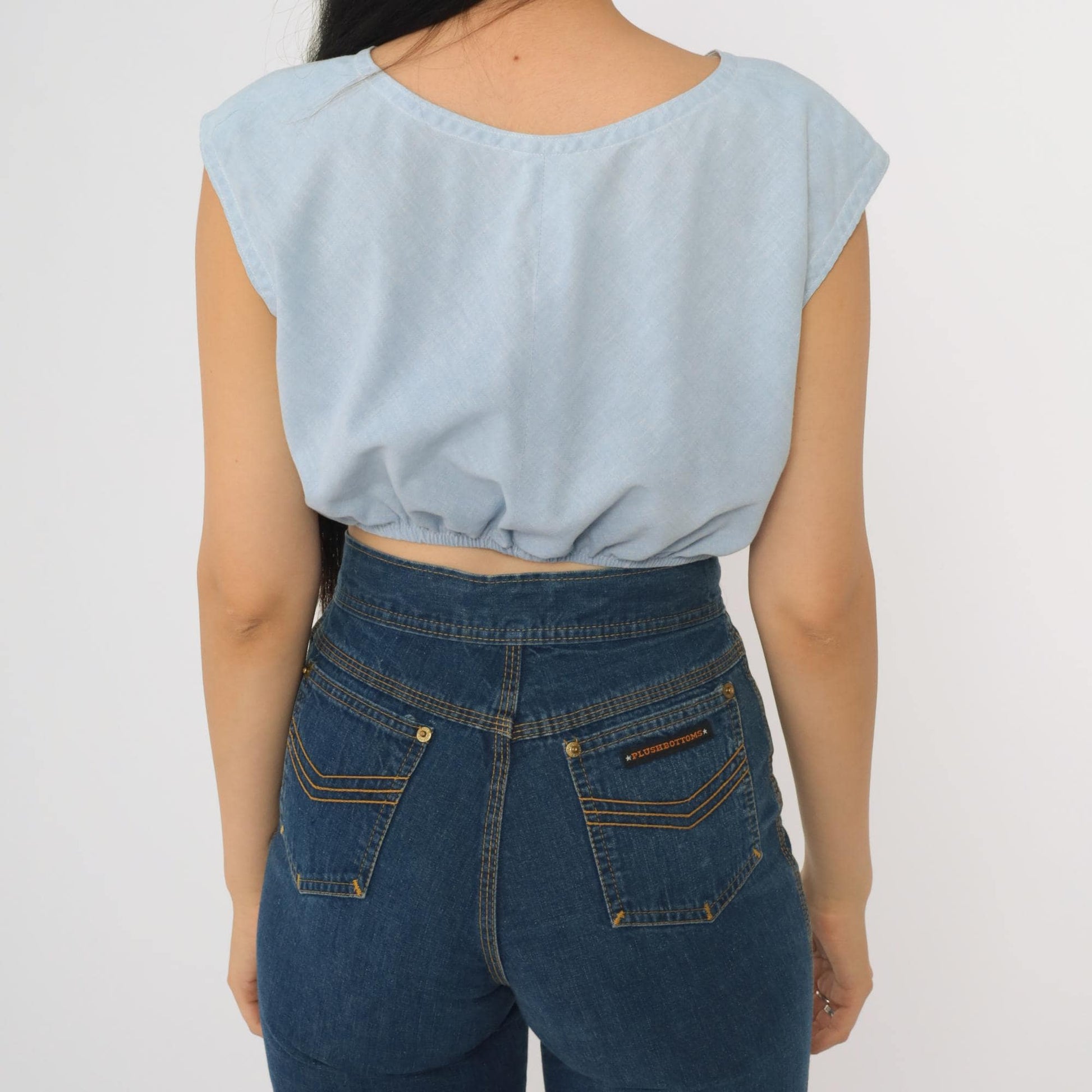 80s Light Blue Crop Top V-Neck Cap Sleeve Small