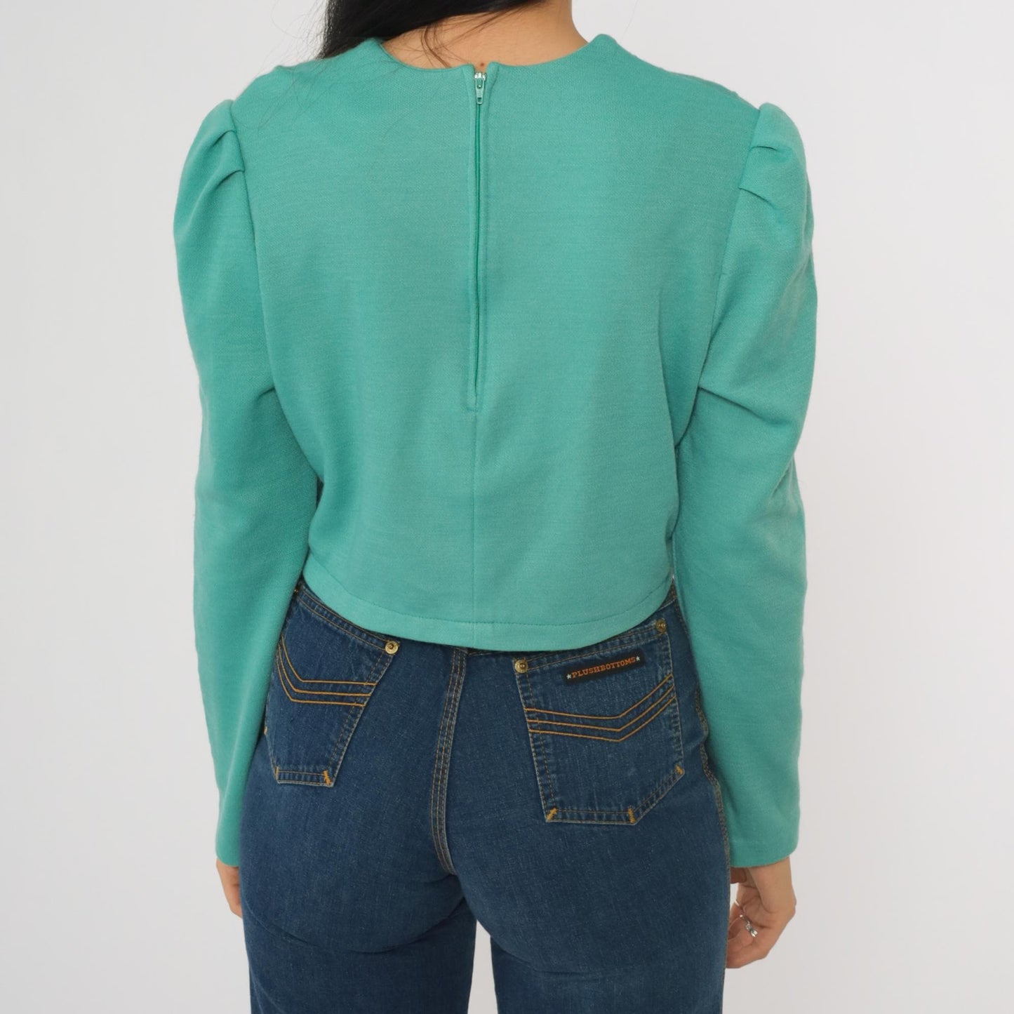 80s Green Puff Sleeve Crop Top Lattice Texture Wool Blend Medium