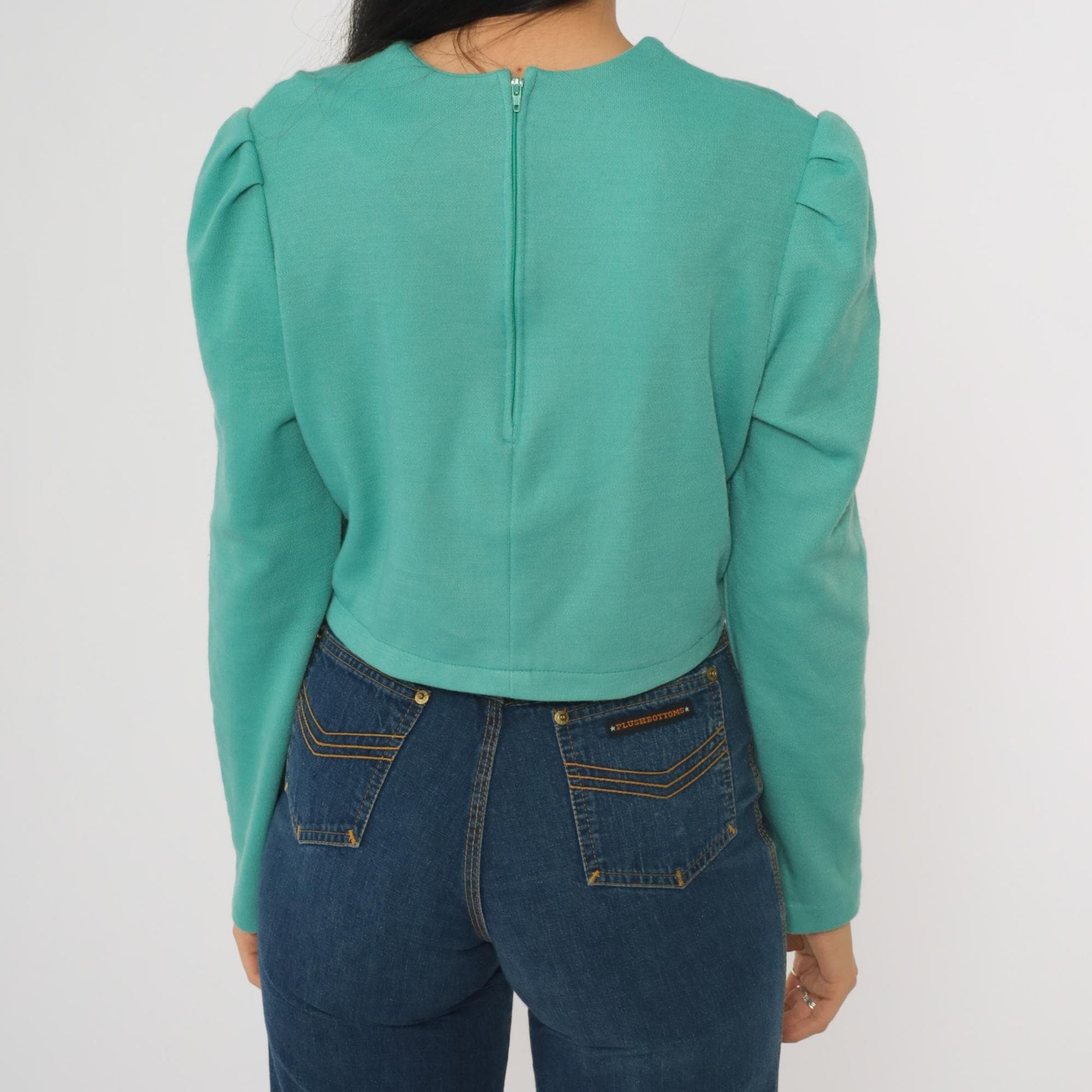 80s Green Puff Sleeve Crop Top Lattice Texture Wool Blend Medium