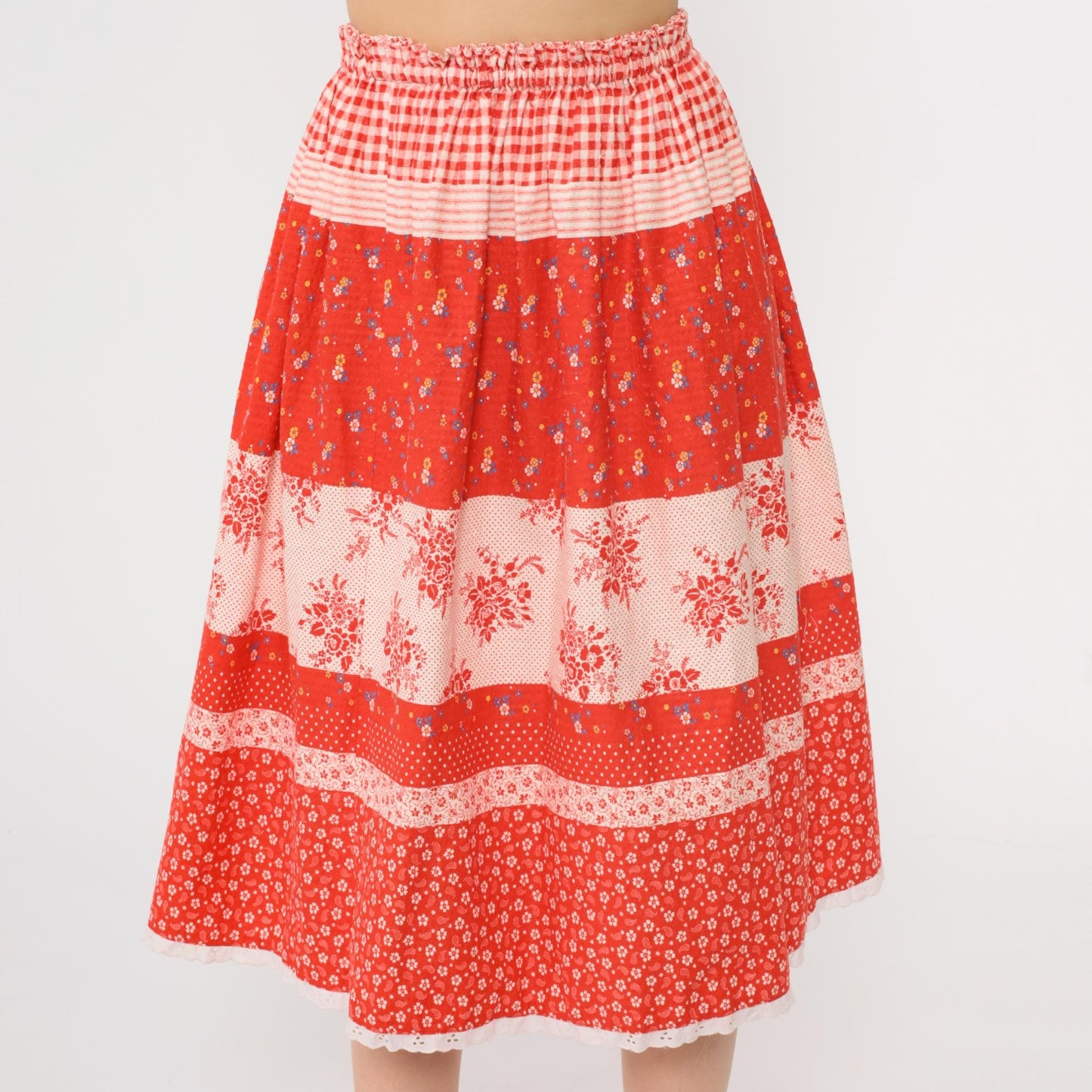 70s Red Floral Gingham Tiered Midi Skirt Elastic Waist Eyelet Lace Small Medium