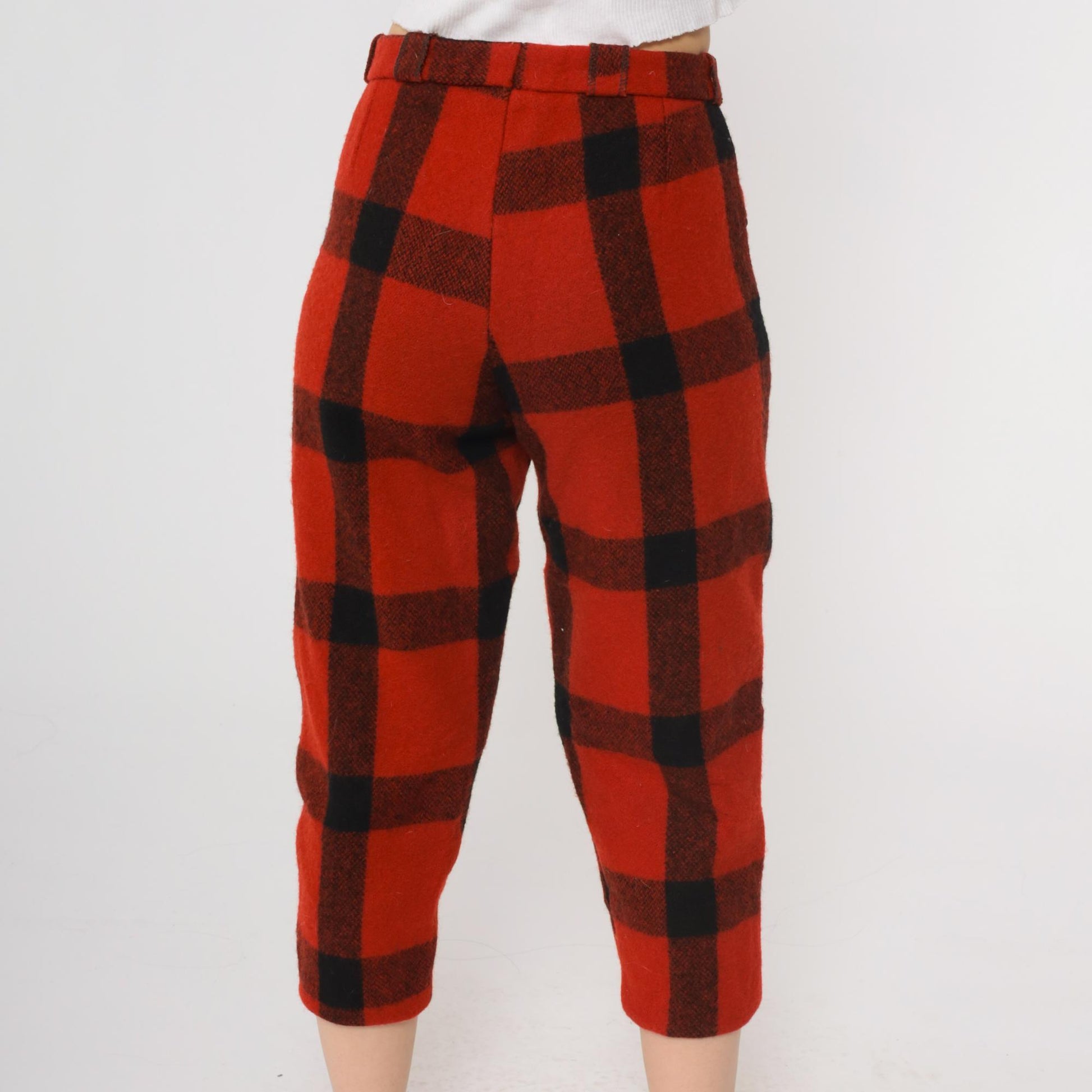 70s Buffalo Plaid Wool Capris Red Black High Waisted Cropped Pants Small