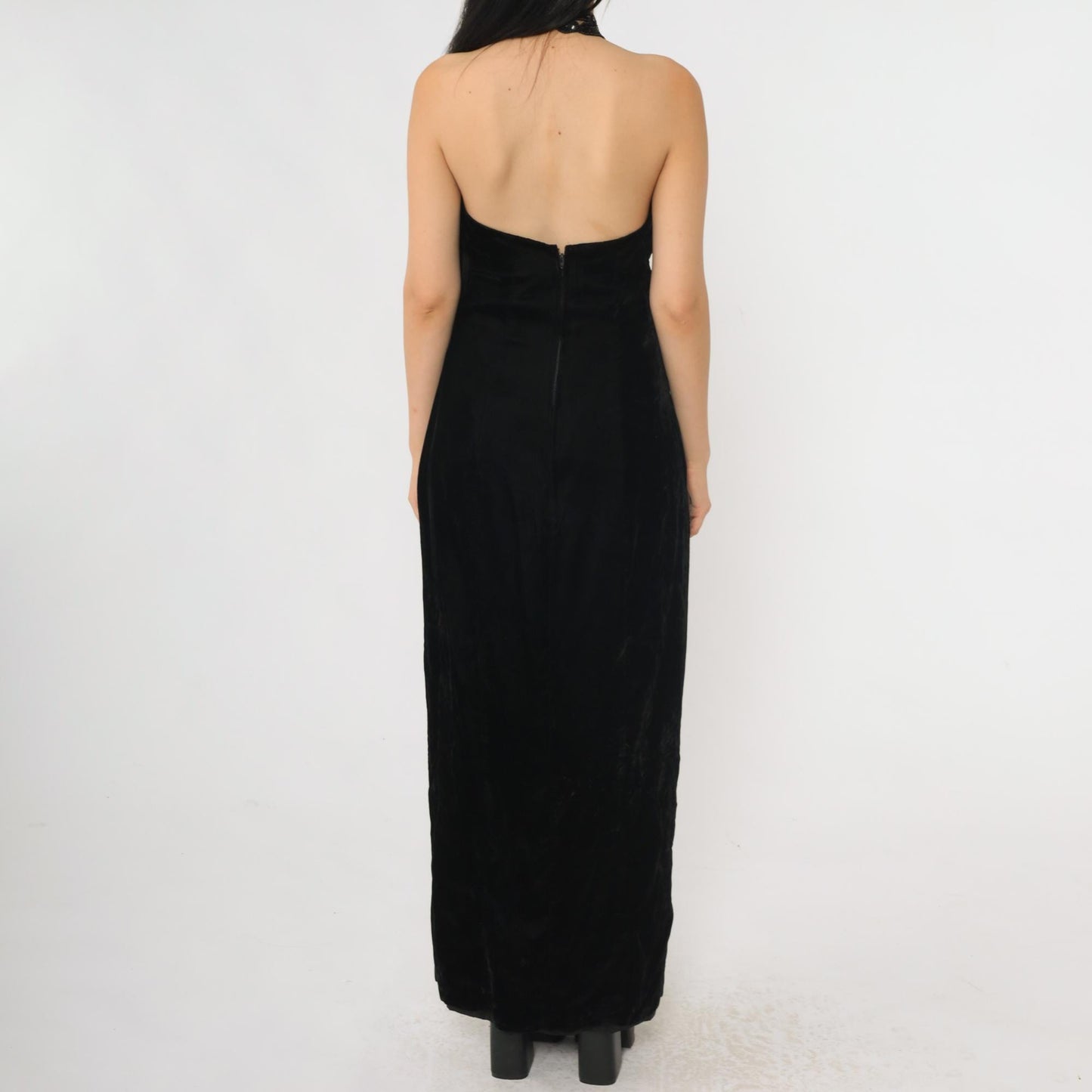 90s Hugo Buscati Milano Black Velvet Beaded Halter Maxi Dress Open Back Small