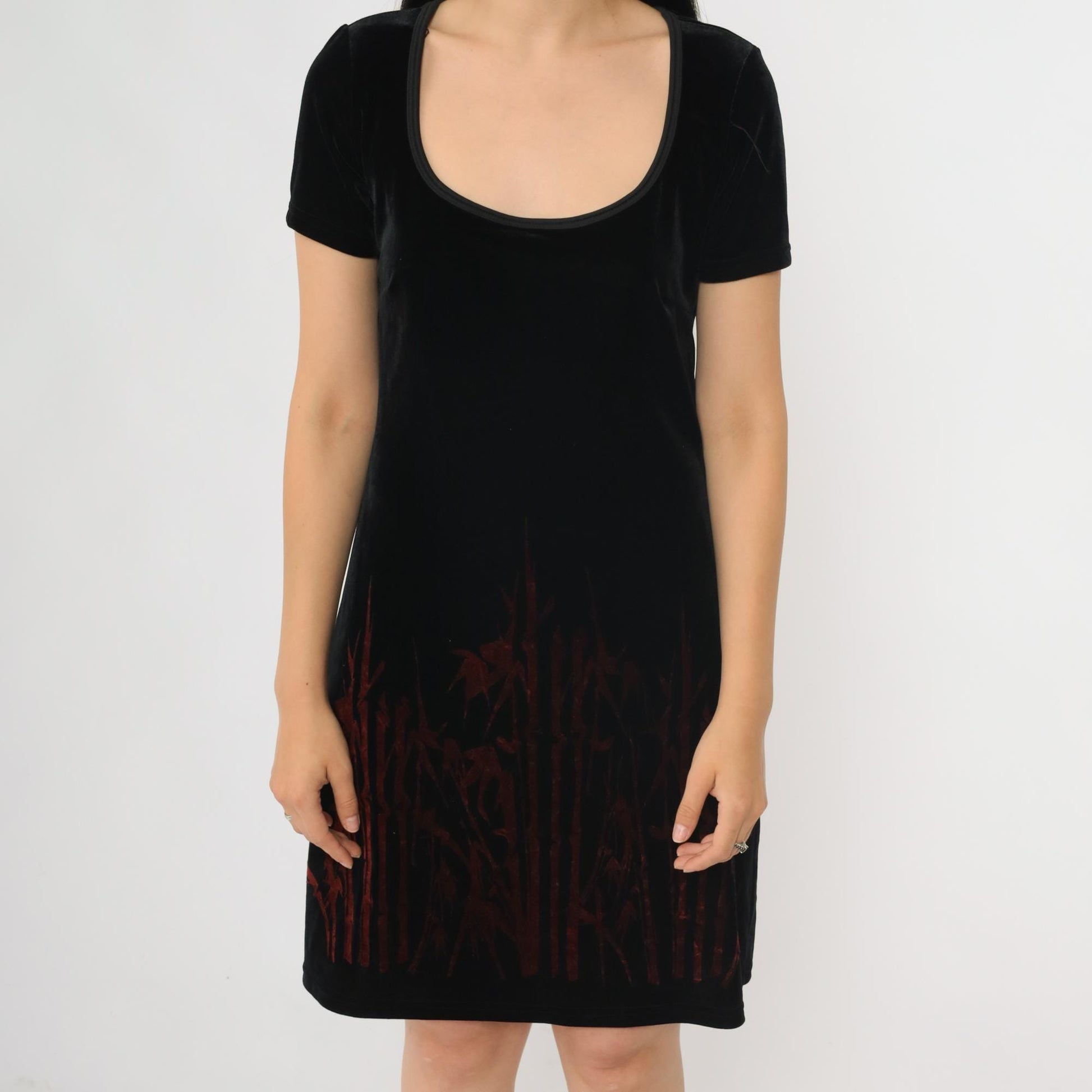 90s Groove USA Black Velvet Mini Dress Bamboo Print Scoop Neck Medium M