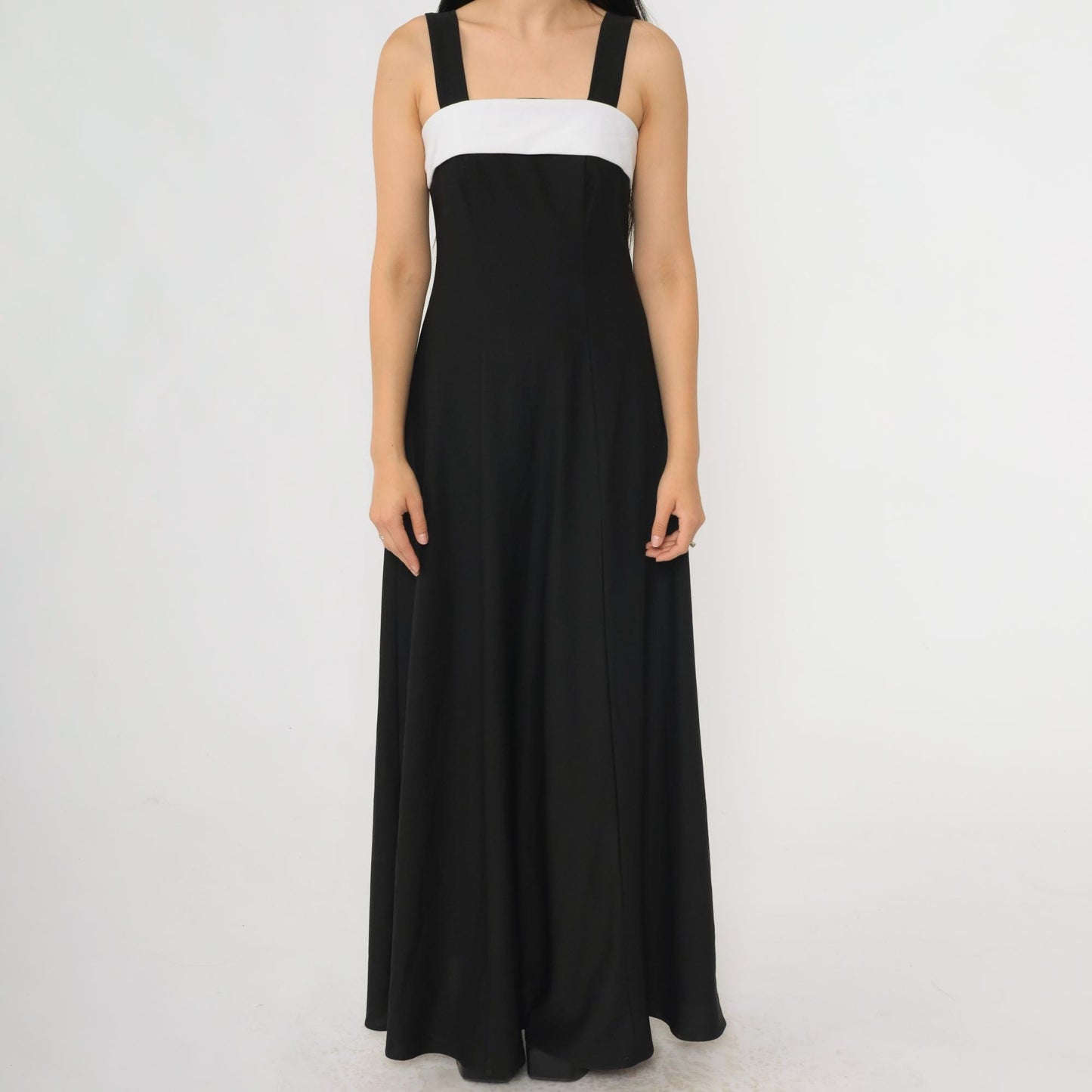 Y2K Black Maxi Dress White Chest Panel Square Neck Sleeveless Extra Small