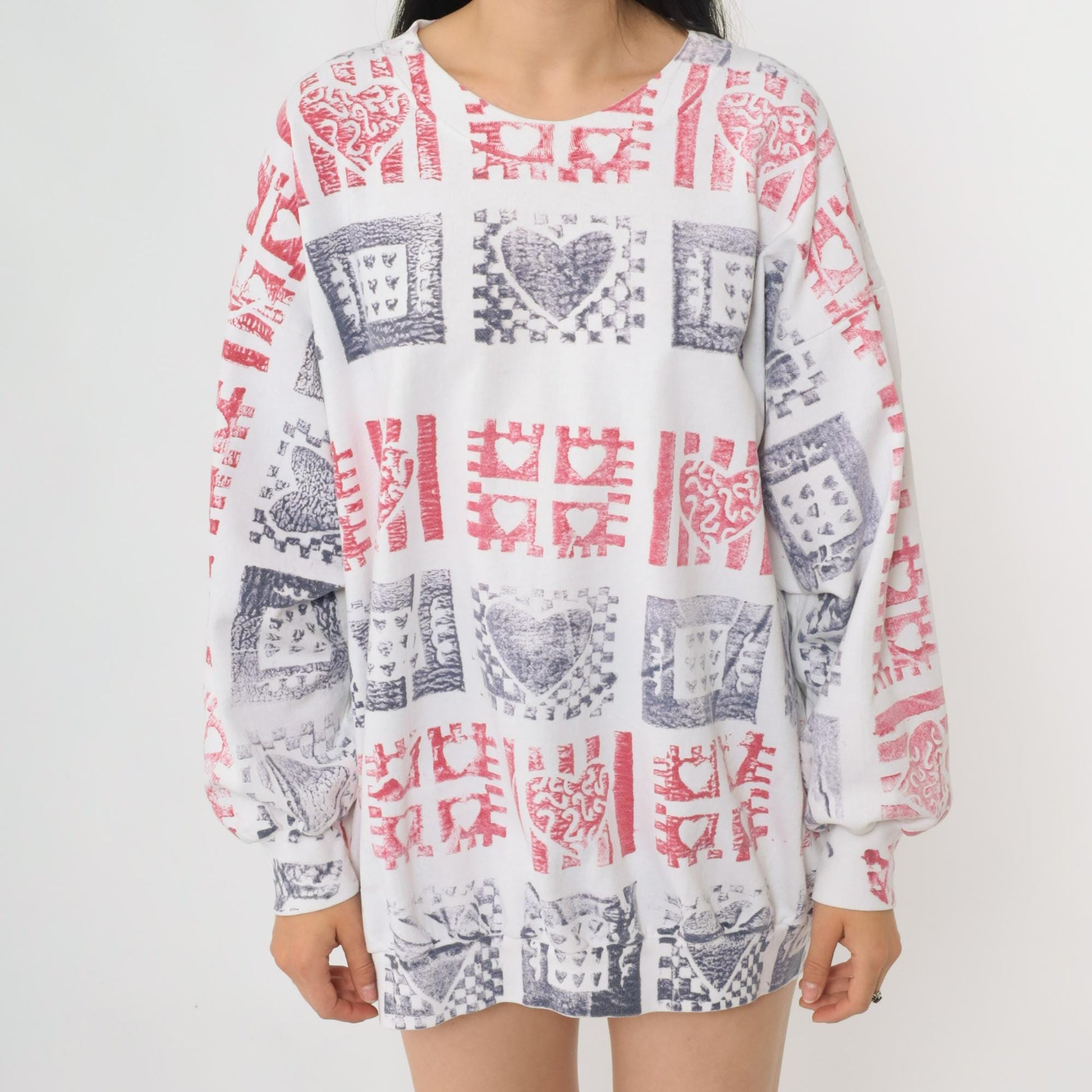 90s Heart Block Print Sweatshirt White Crewneck Pullover Extra Large XXL