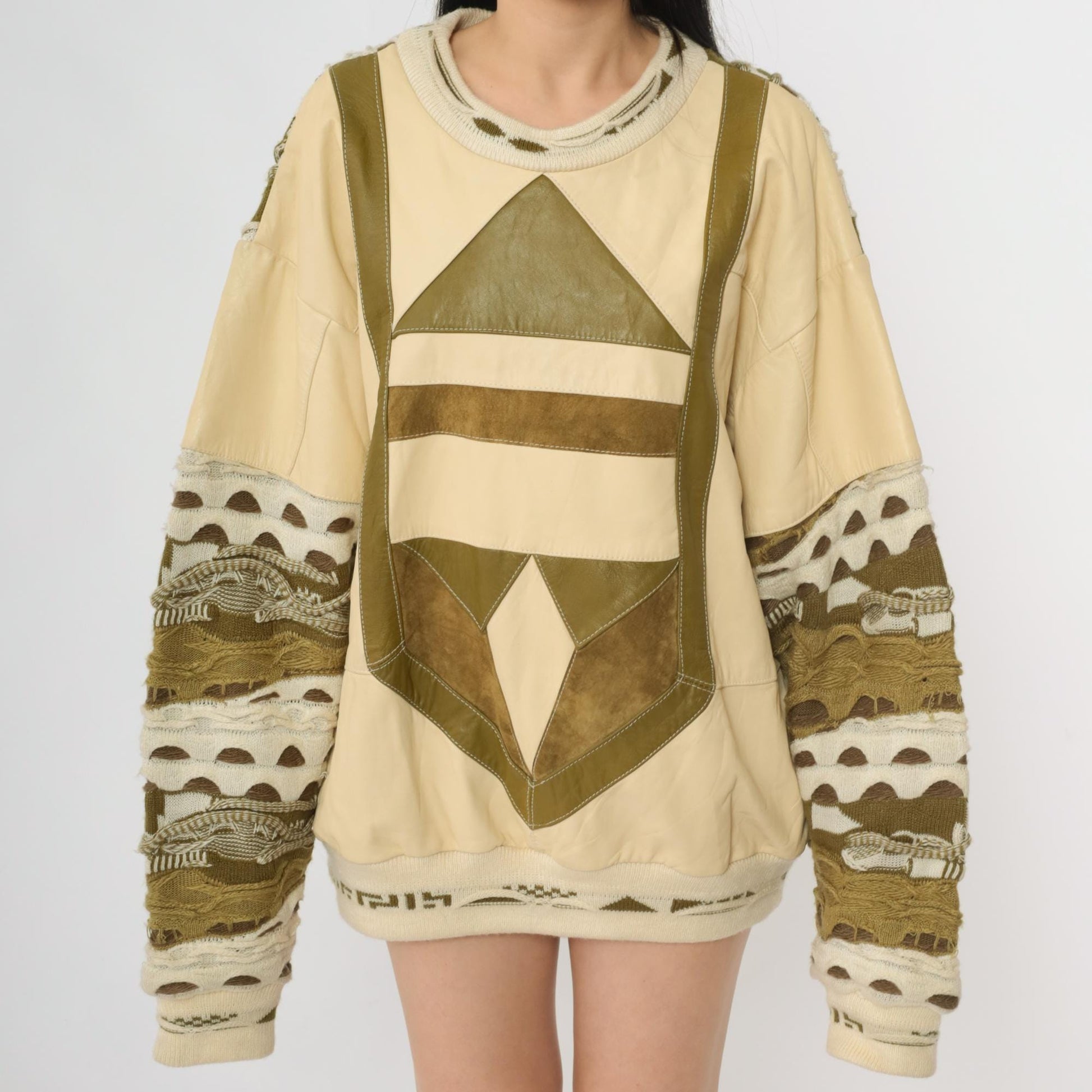 80s Patchwork Leather Sweater Cream Geometric Crewneck Large L