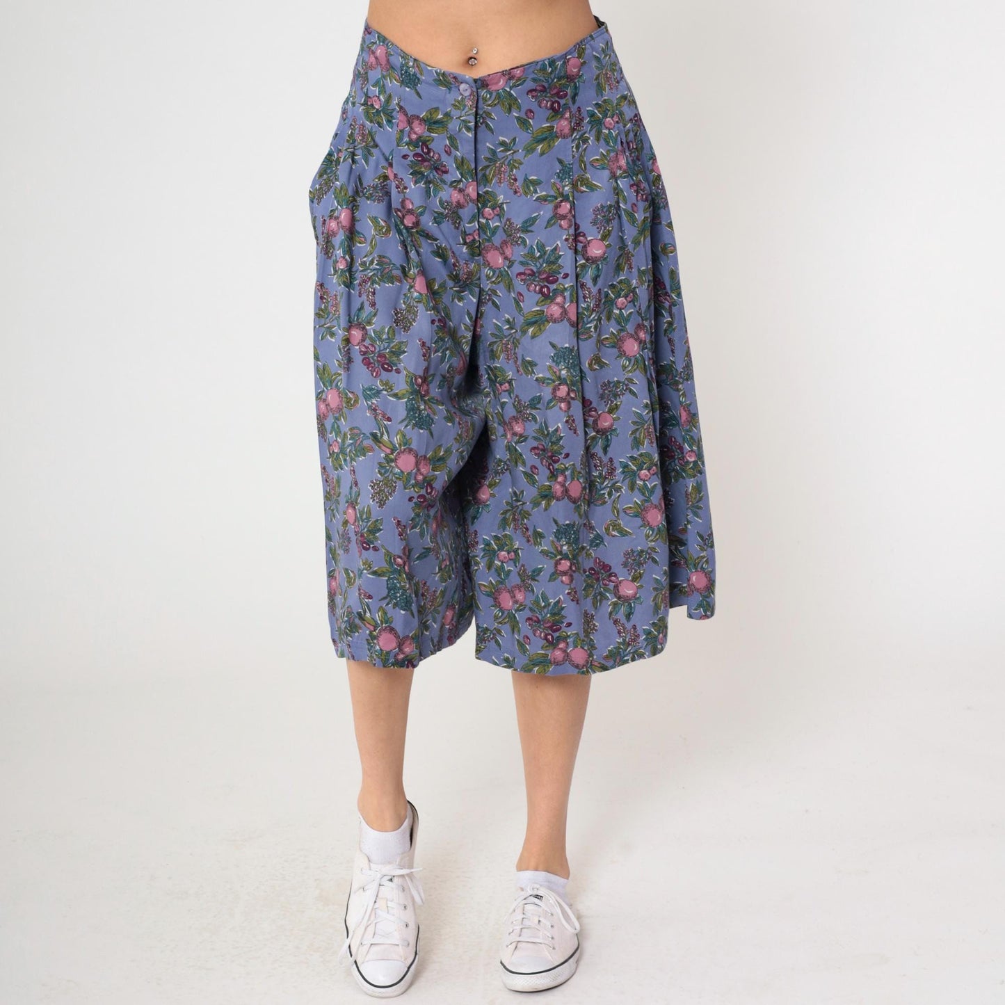 90s Cambridge Dry Goods Culotte Pants Purple Fruit Print High Waist Pleated Medium