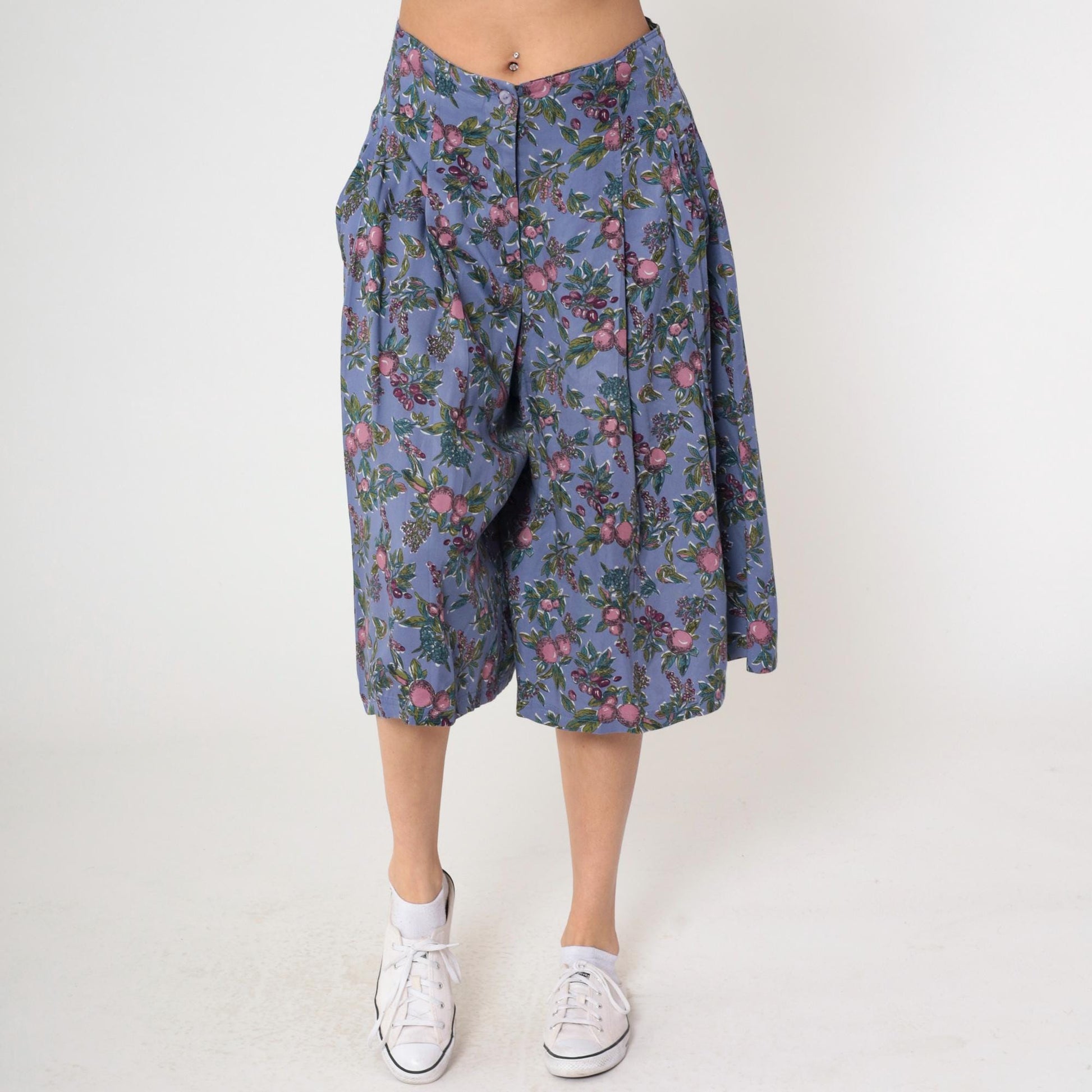 90s Cambridge Dry Goods Culotte Pants Purple Fruit Print High Waist Pleated Medium