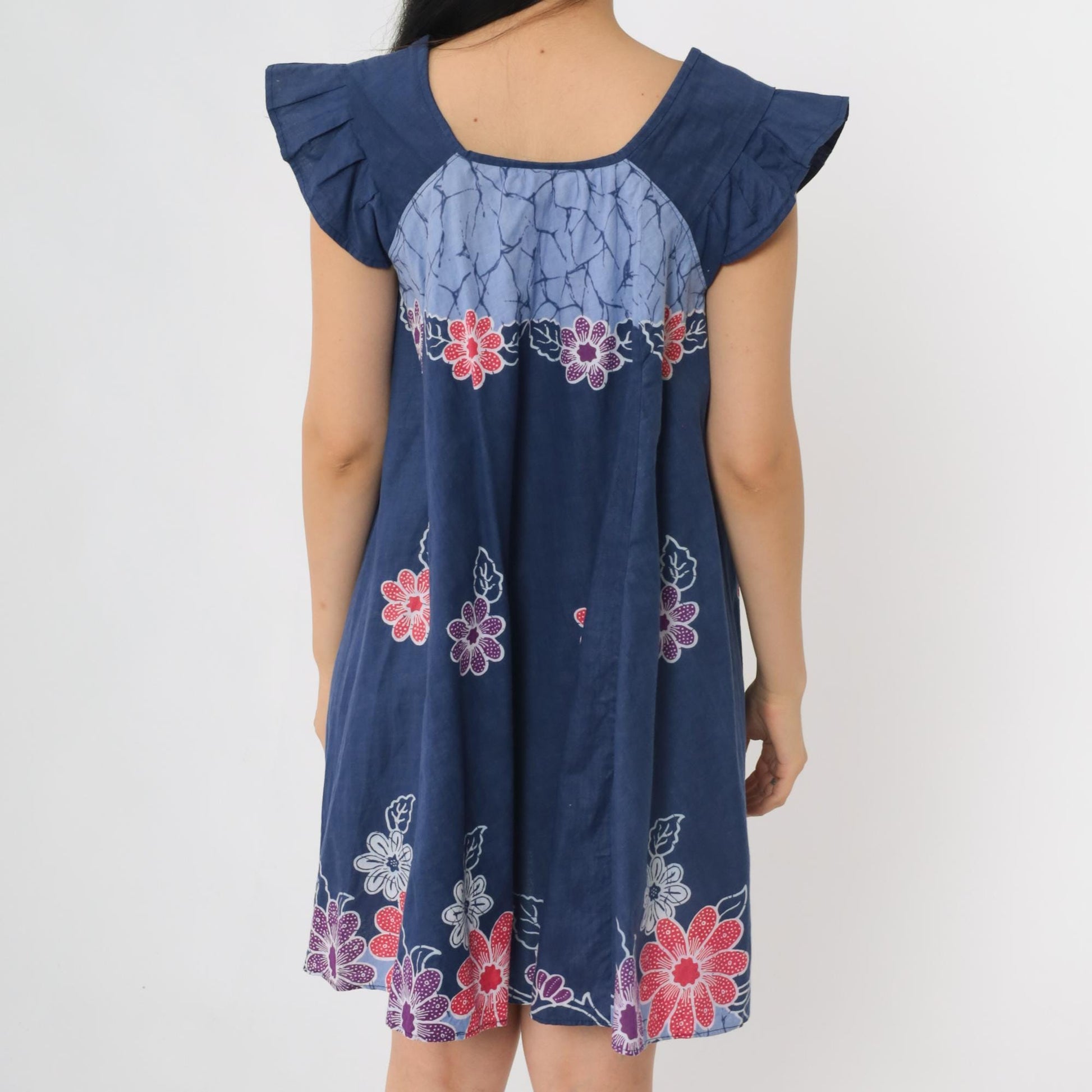 90s Batik Floral Blue Mini Dress Cap Sleeve Tie Neck Trapeze Small S