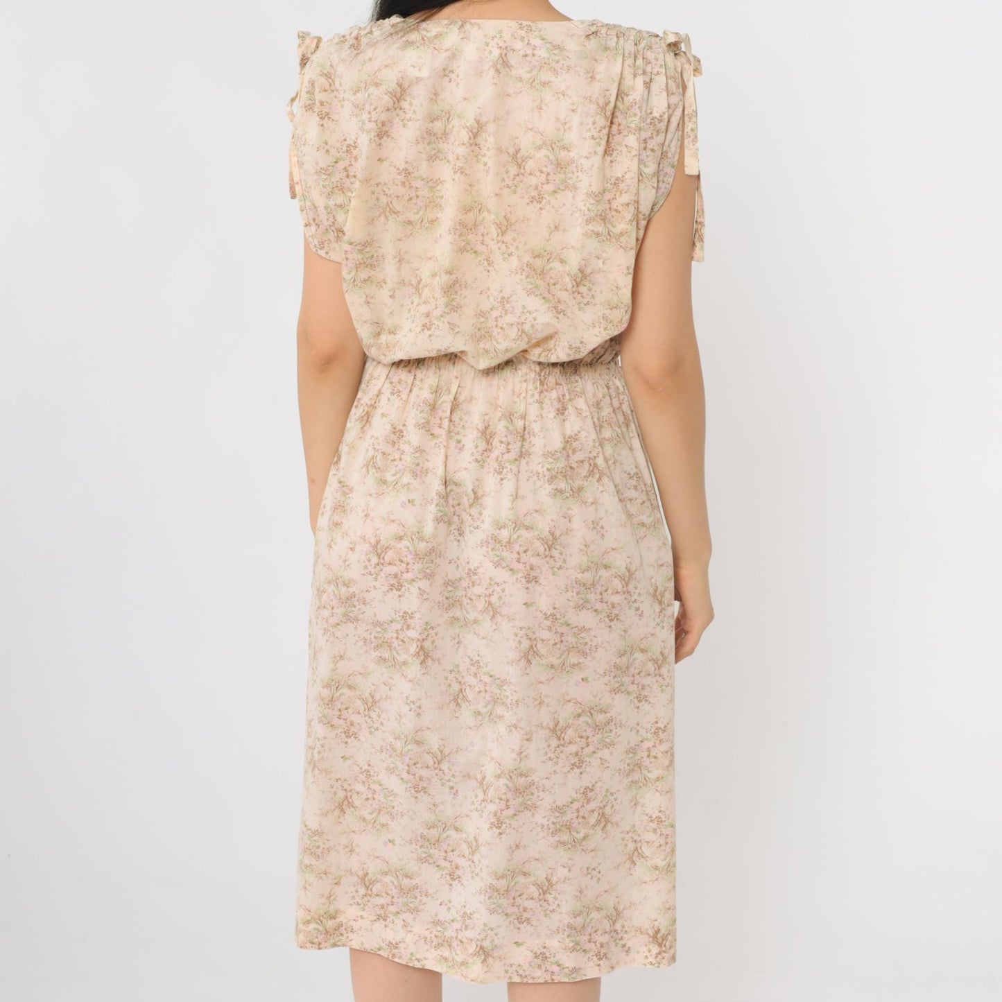 70s Floral Midi Dress Cream High Waist Cap Sleeve V Neck Small S