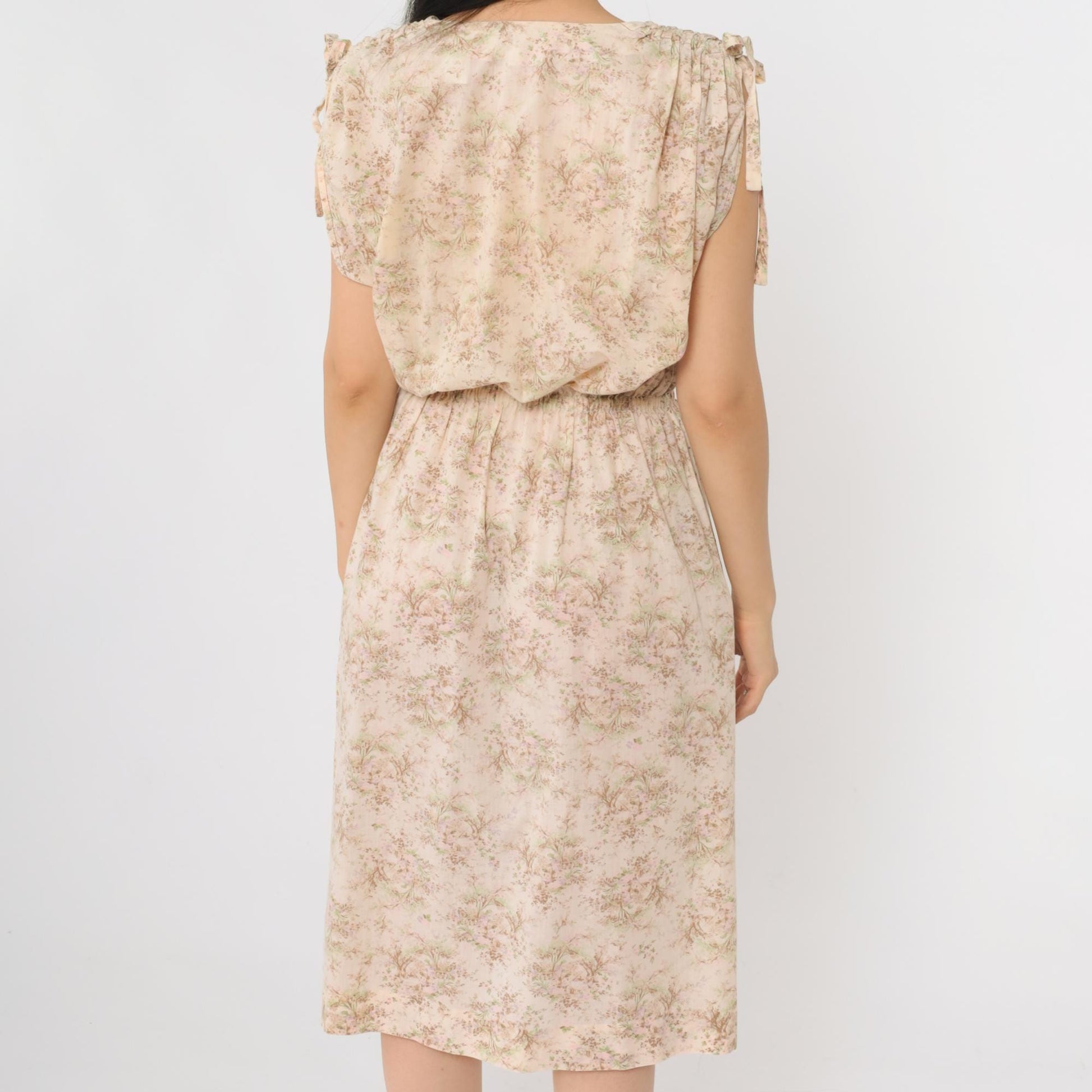 70s Floral Midi Dress Cream High Waist Cap Sleeve V Neck Small S