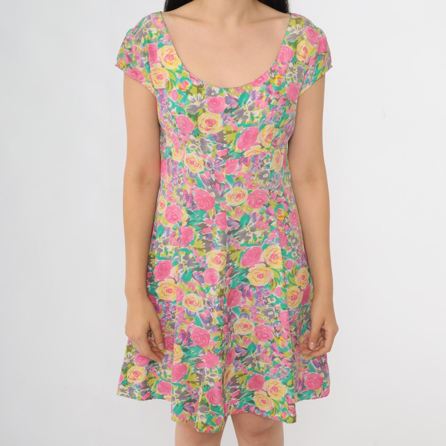 90s Paris Blues Floral Mini Dress Empire Waist Fit Flare Pink Blue Small