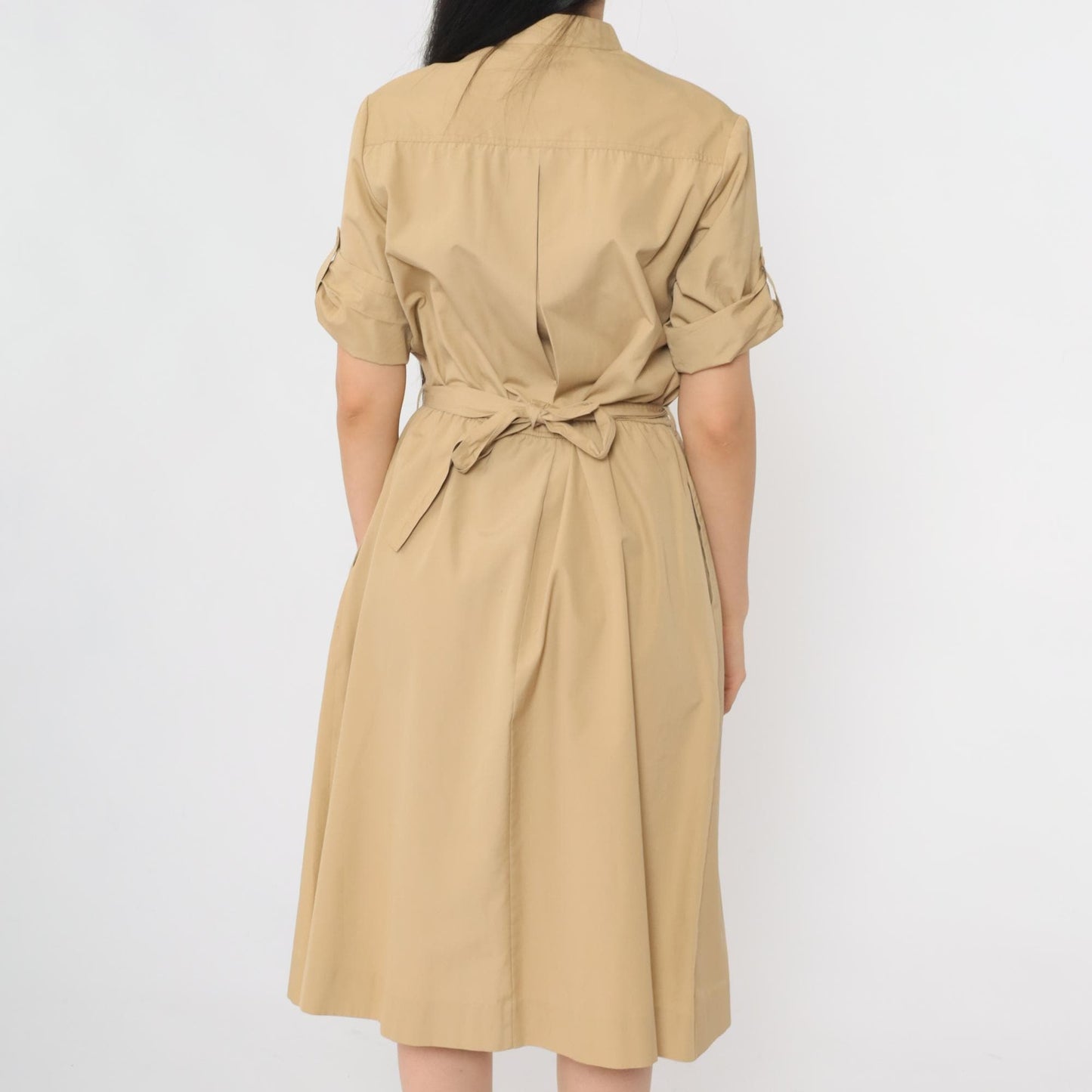 80s Tan Utility Shirtdress Midi Pintuck High Waist Button Up Medium