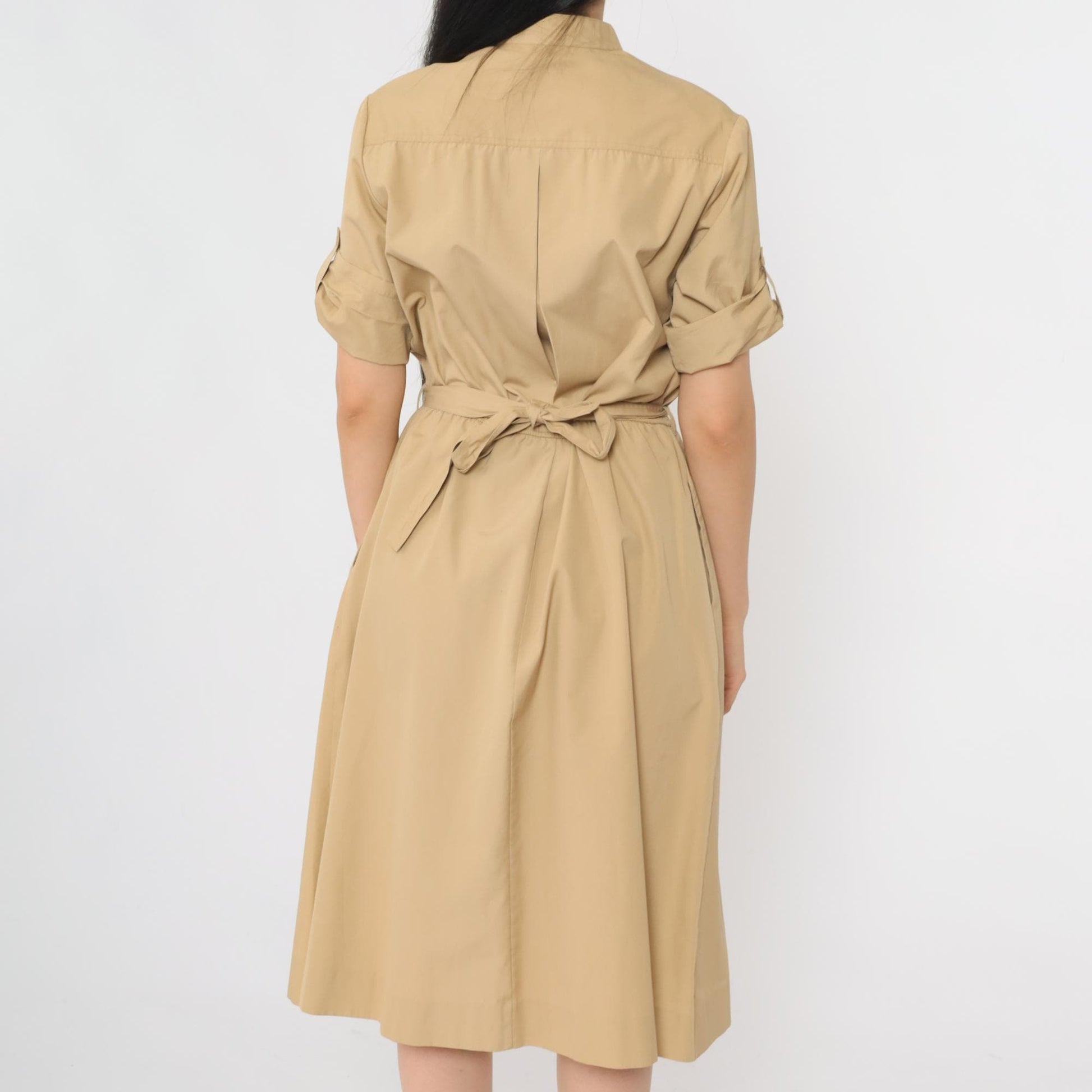 80s Tan Utility Shirtdress Midi Pintuck High Waist Button Up Medium