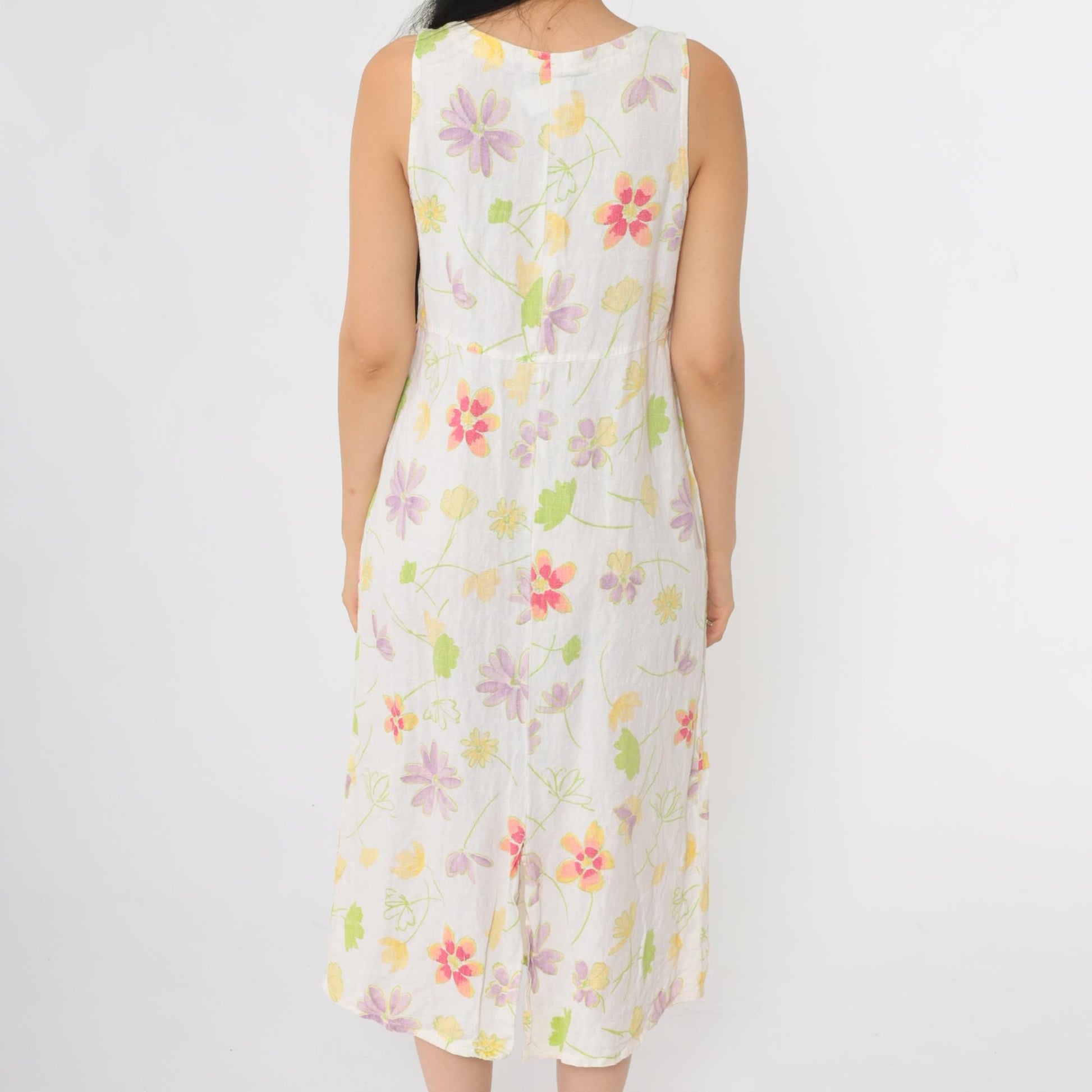 90s White Floral Linen Midi Dress Sleeveless High Waist Small 4