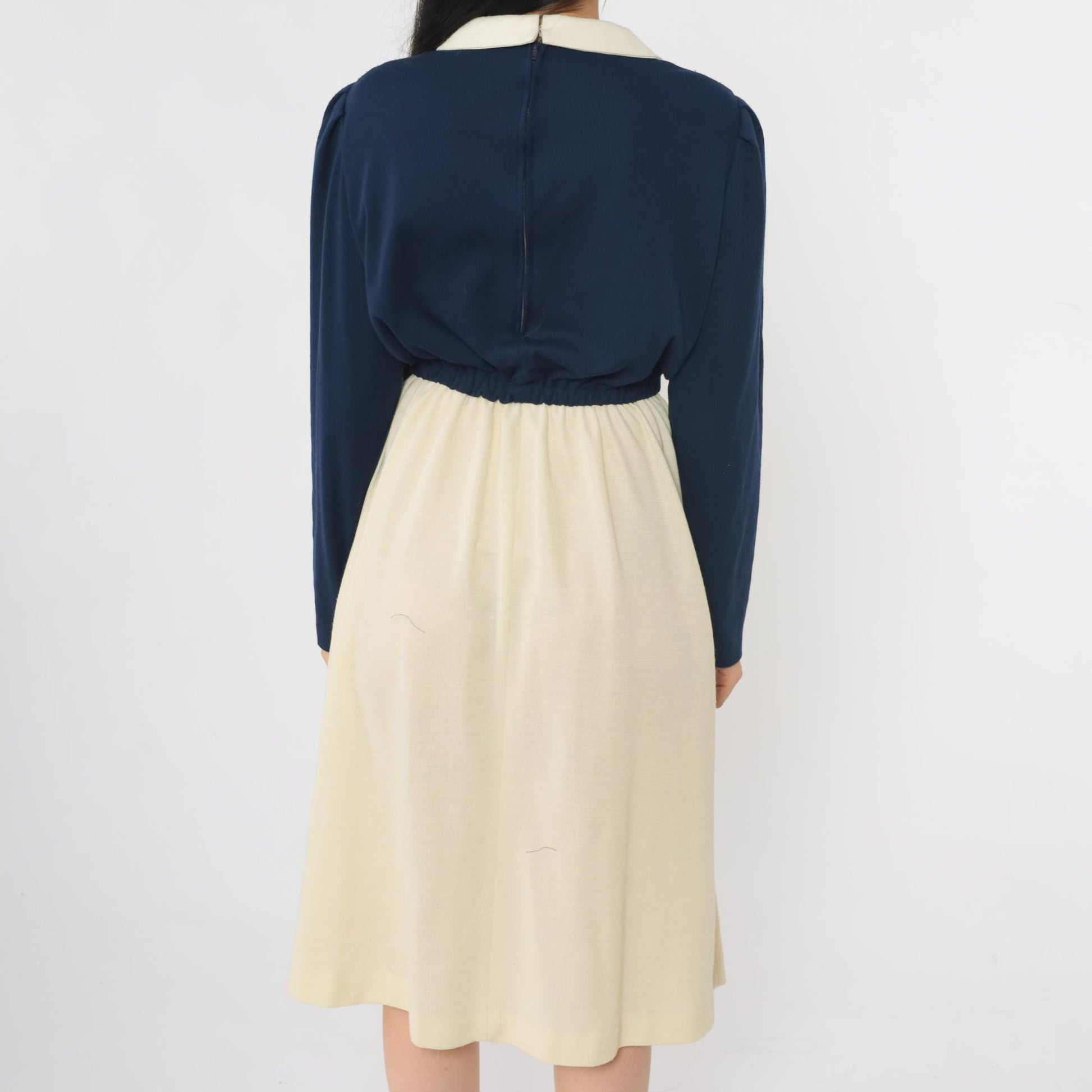 70s Checkaberry Two-Tone Midi Dress Peter Pan Collar Puff Sleeve Navy Cream Medium Large