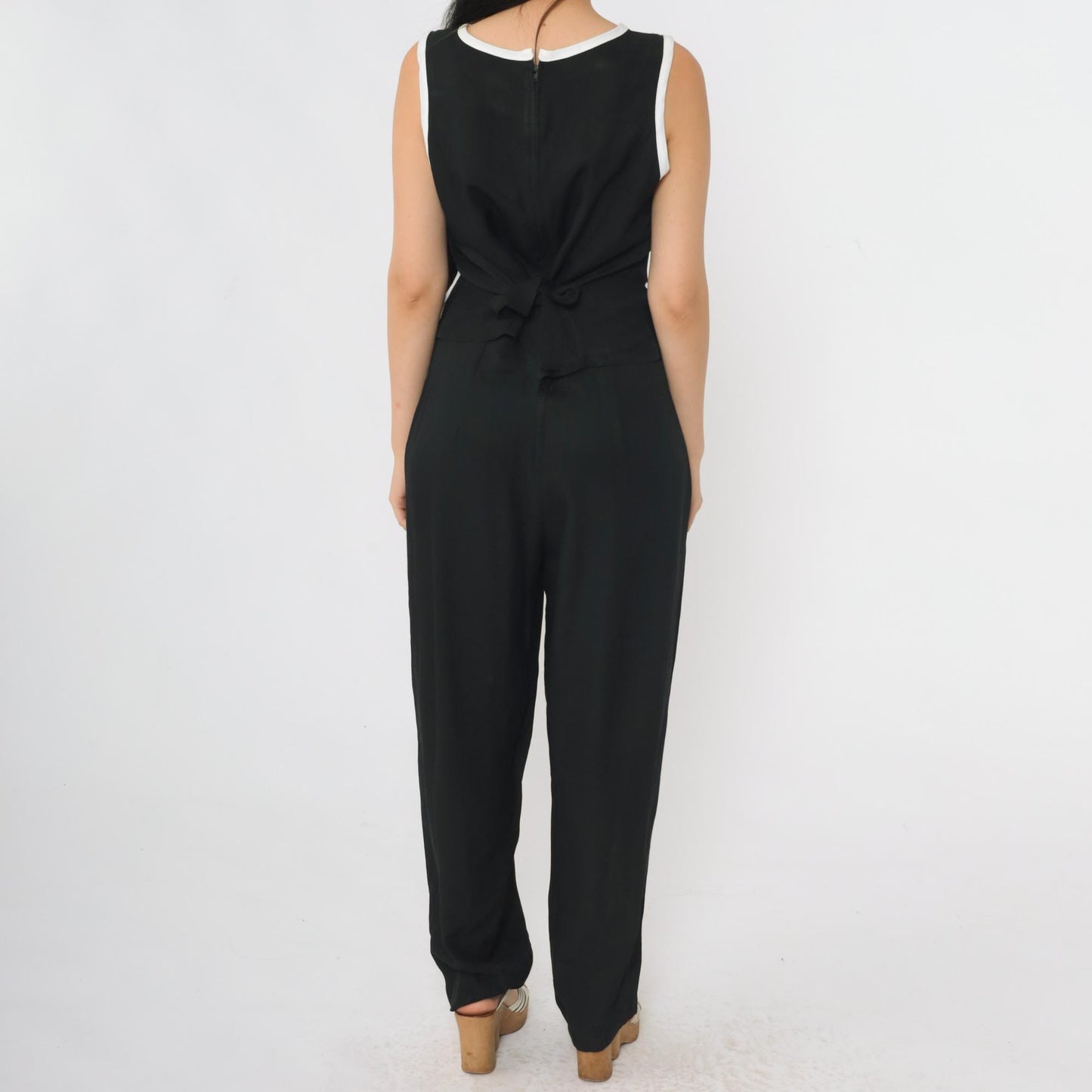 90s Black Jumpsuit White Ringer Trim Sleeveless Straight Leg Medium