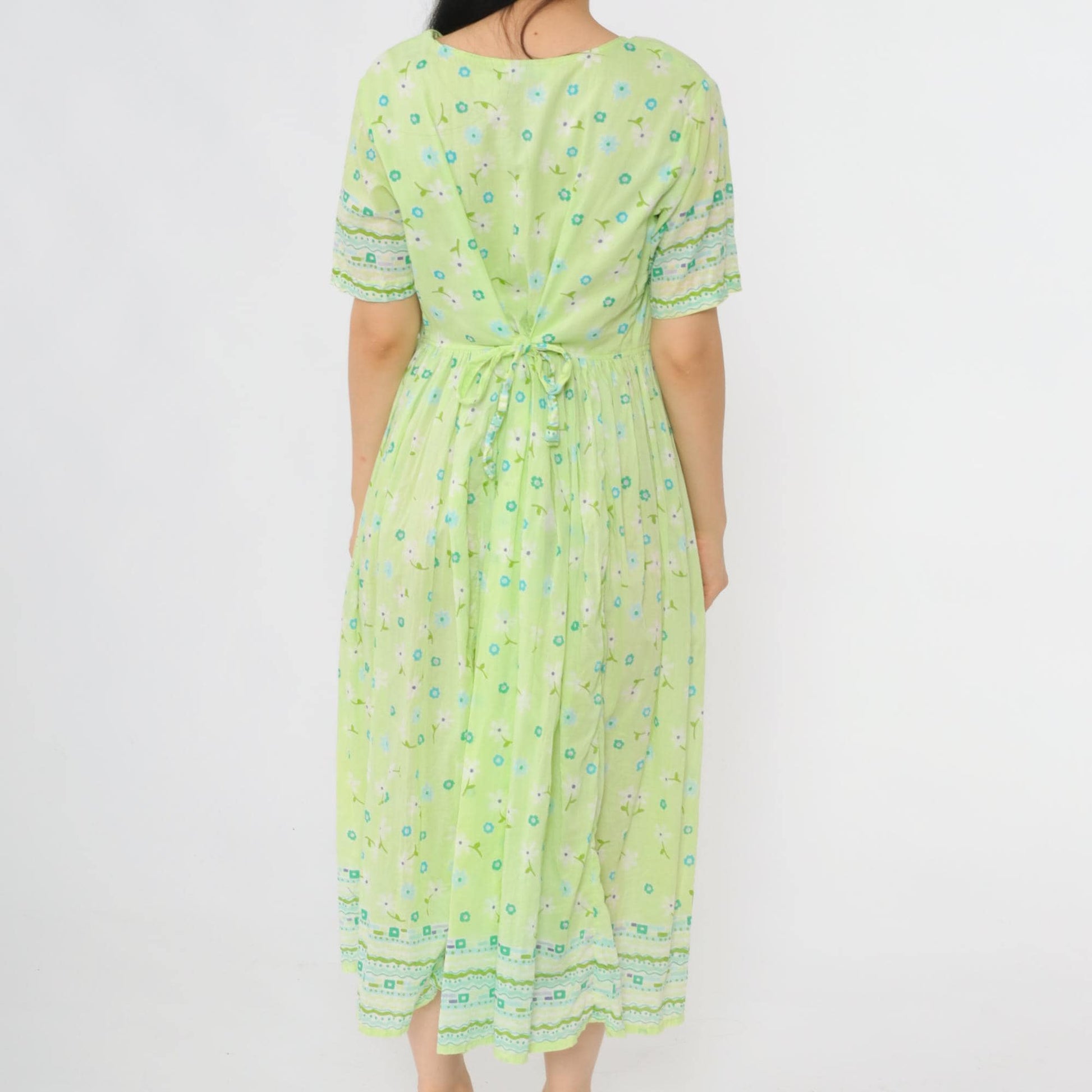 90s La Cera Lime Green Floral Midi Dress Cotton Button-Up High Waist Large