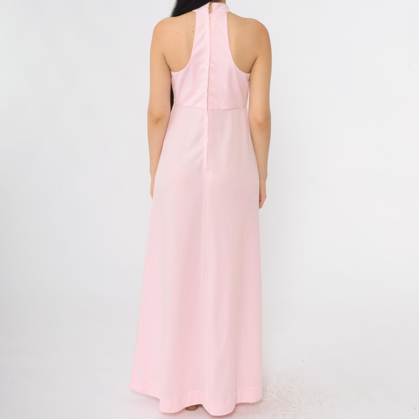 70s Pink Halter Maxi Dress Racerback Empire Waist XS