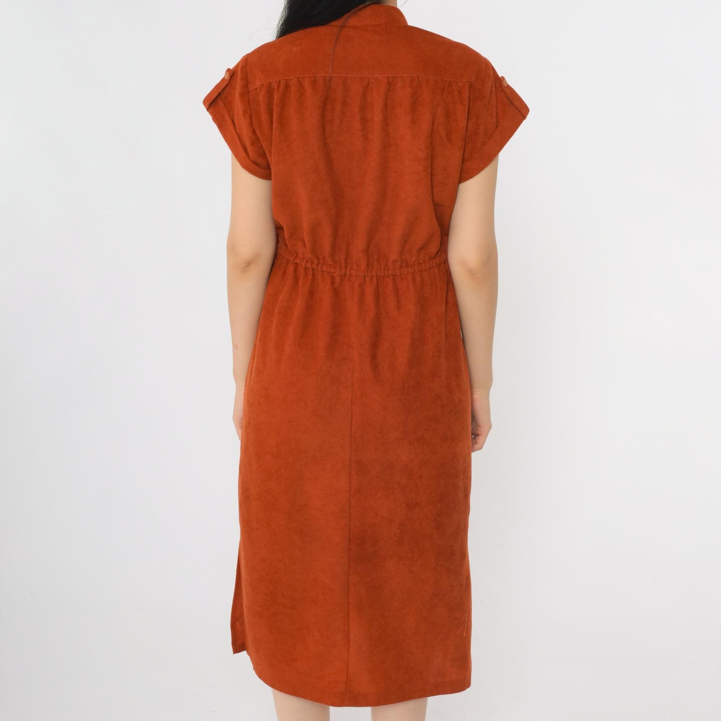 70s Rust Orange Velour Midi Dress High Waist Cap Sleeve Medium