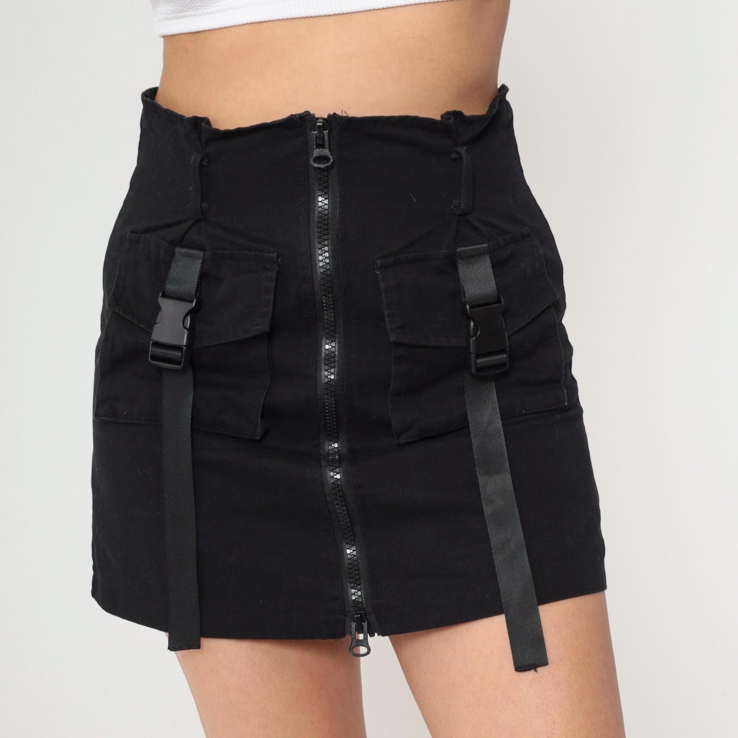 Y2K Black Utility Mini Skirt Bodycon Buckle Straps Small S