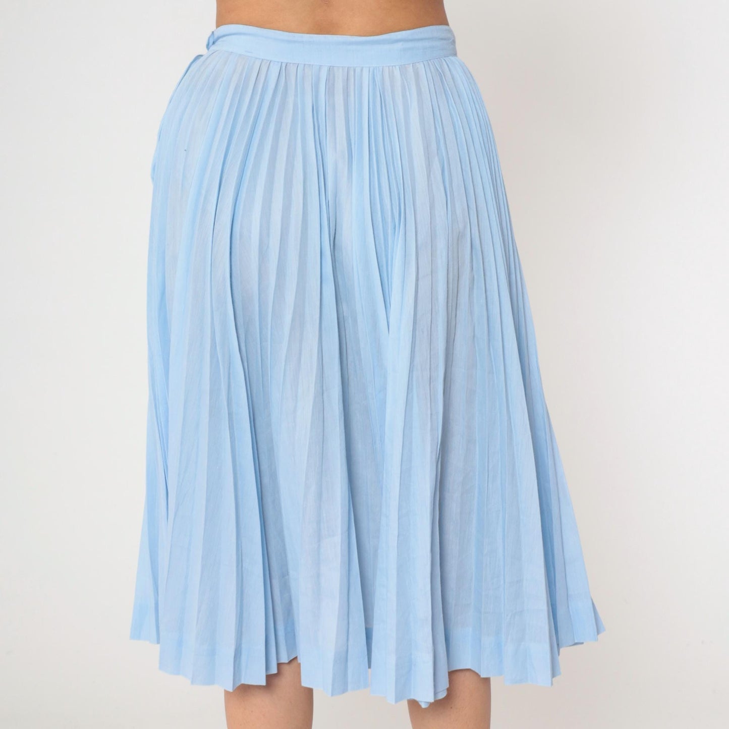 60s Light Blue Pleated High-Waist Midi Skirt Semi-Sheer Medium 8