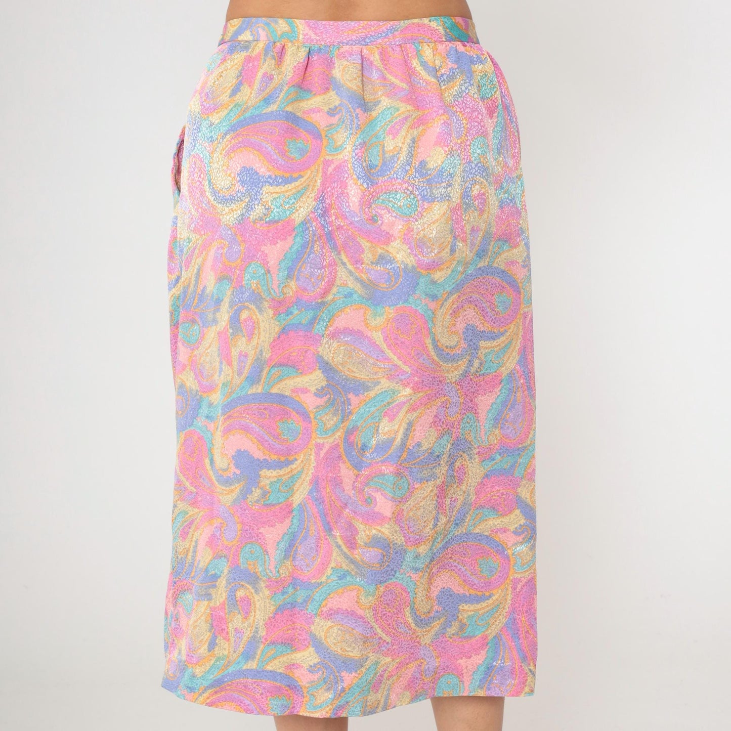 80s Pastel Paisley Midi Skirt High Waist Pleated Pockets Medium