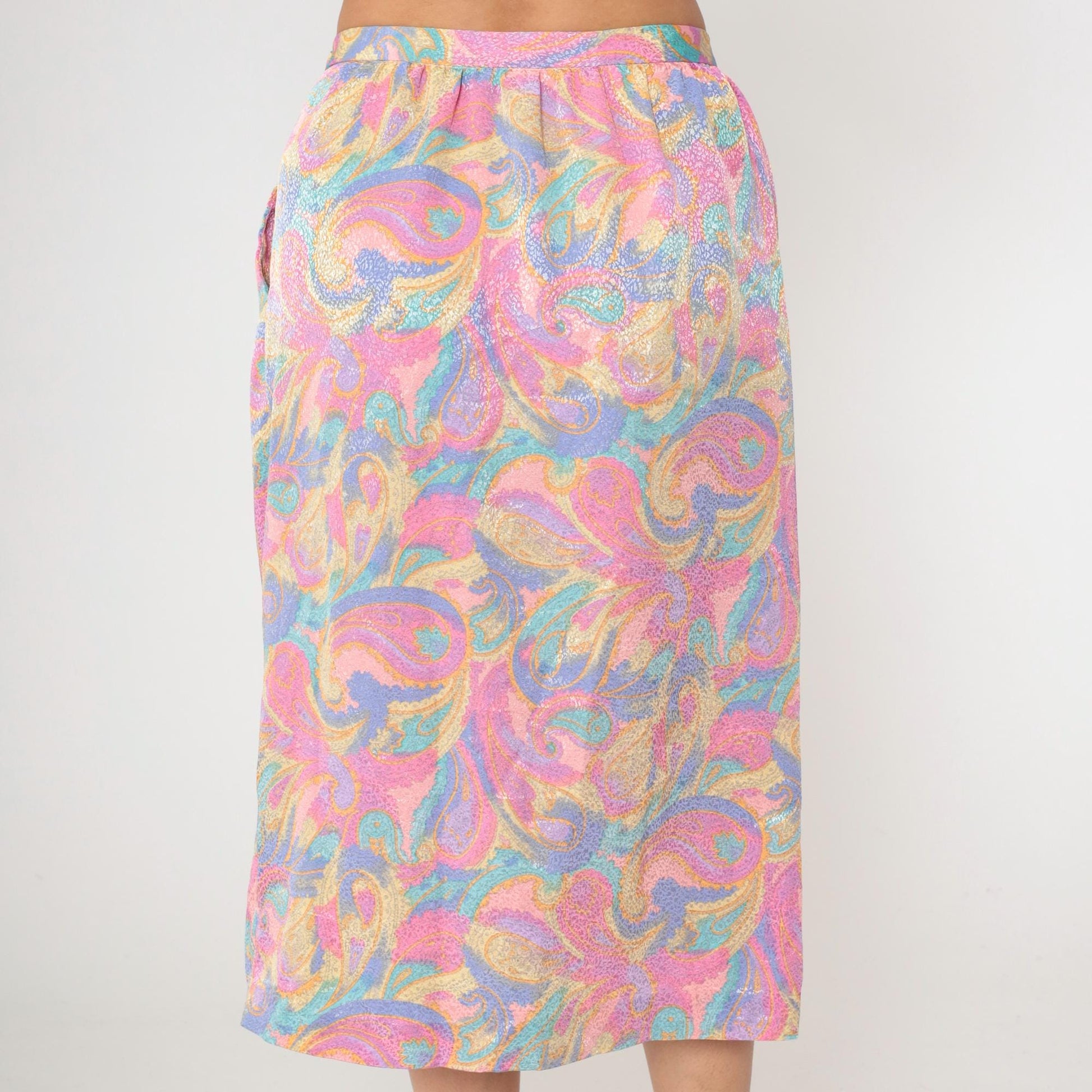 80s Pastel Paisley Midi Skirt High Waist Pleated Pockets Medium