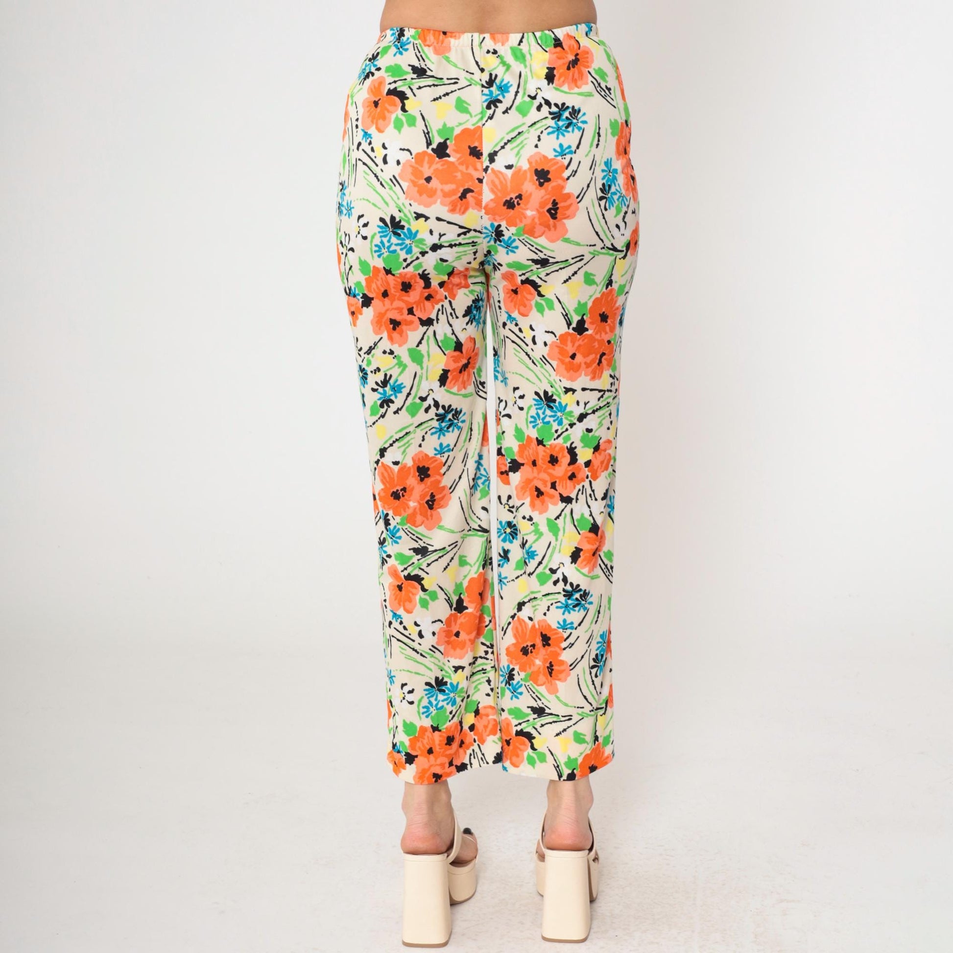 70s Floral Straight Leg Pants Cream Orange High Waist Elastic Pull On XS