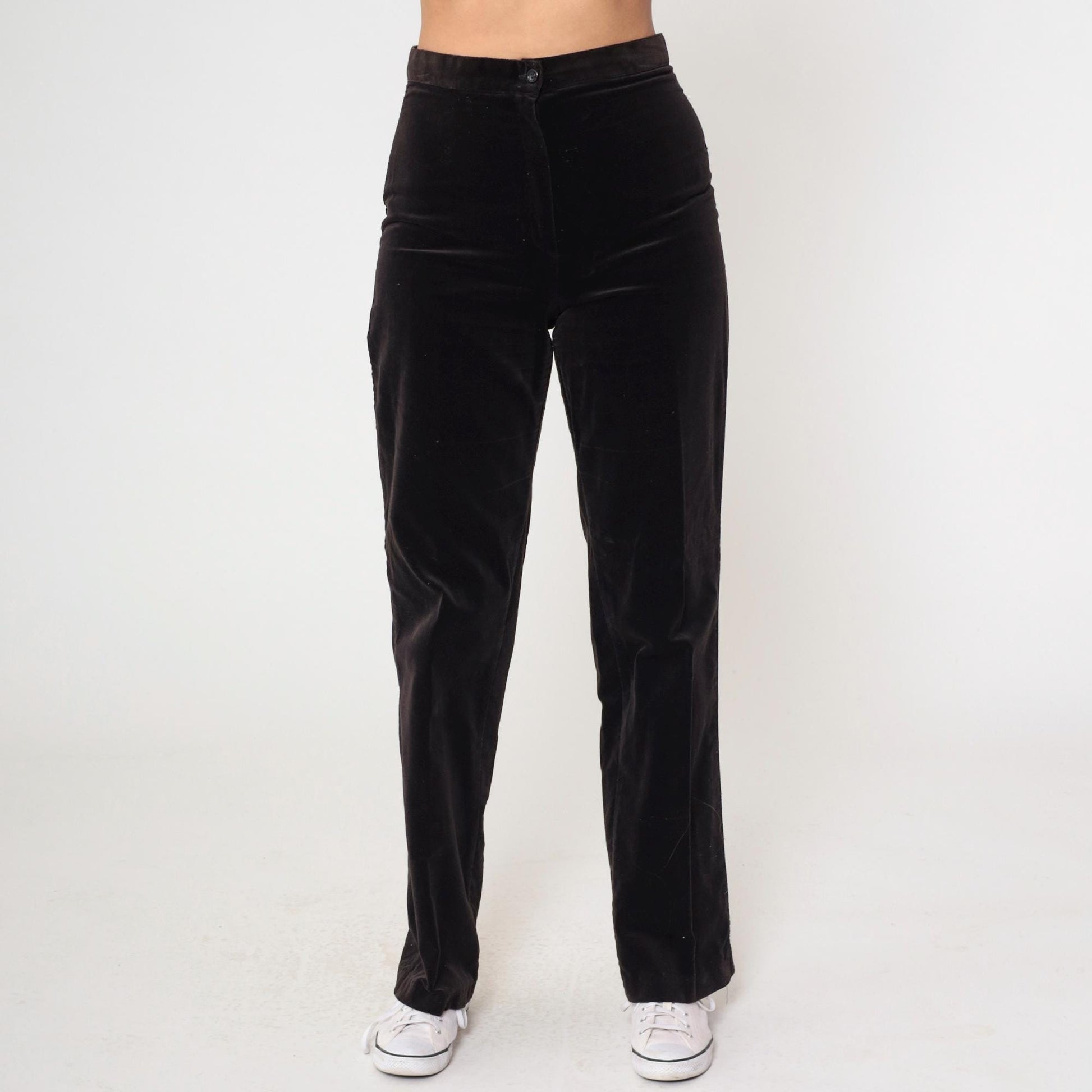 80s Brown Velvet High-Waisted Straight Leg Trousers Small S