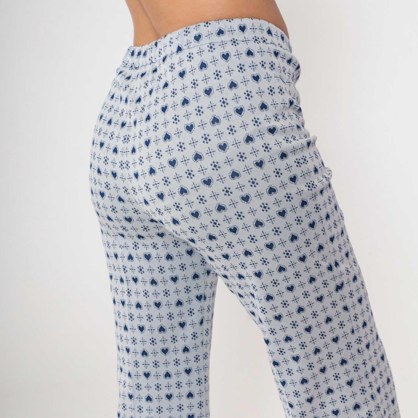 70s Heart Print Flared Trousers Grey Blue High Waisted Bell Bottoms Small