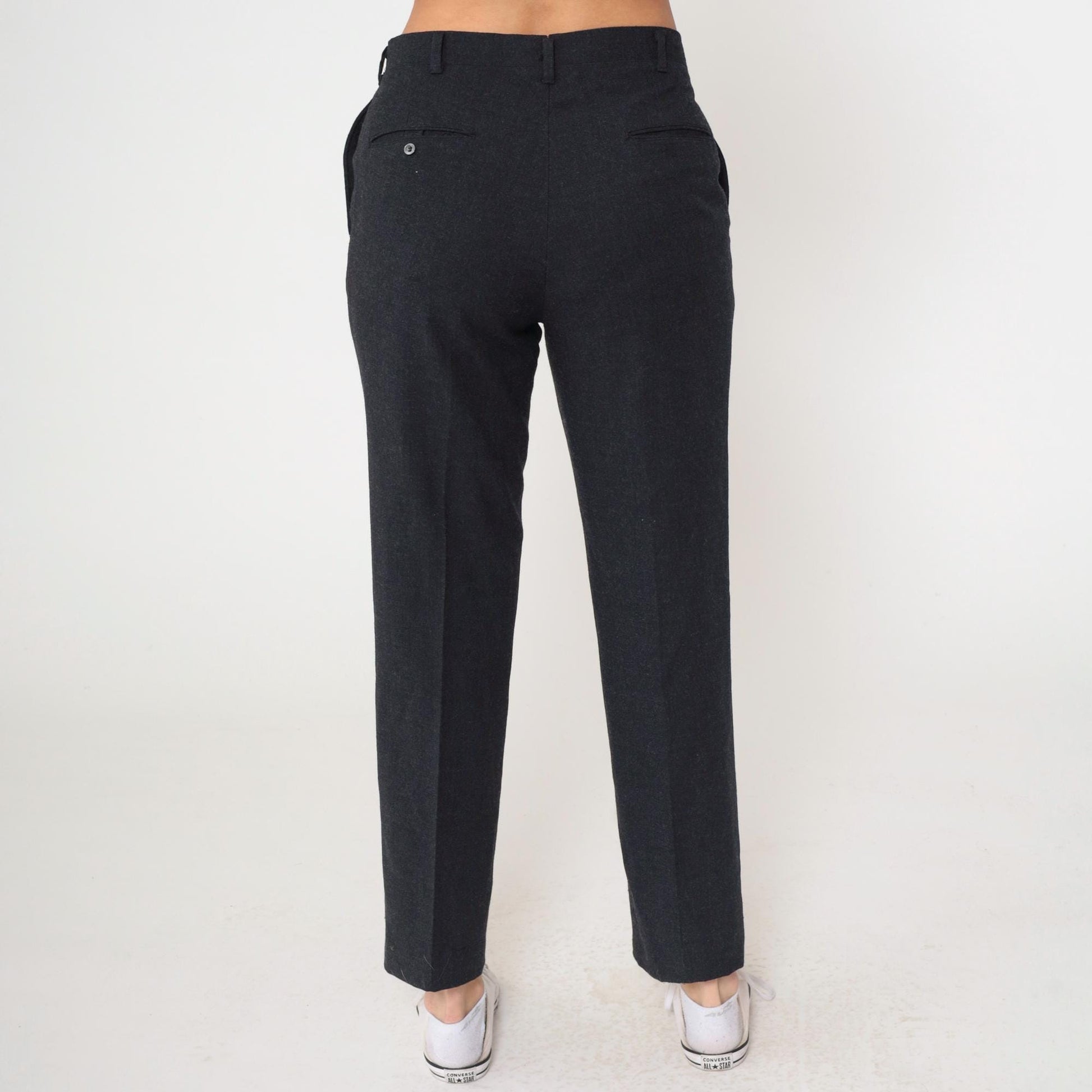 80s Wool Blend High-Waisted Straight Leg Trousers Charcoal Grey Medium