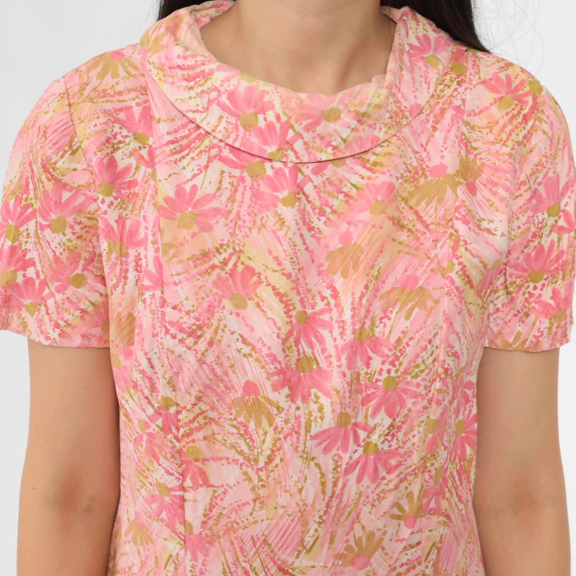 60s Pink Abstract Floral Shift Mini Dress Short Sleeve Small S