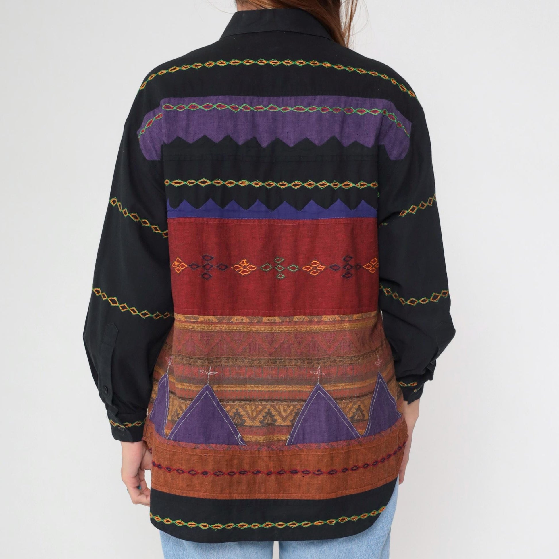 90s Sandy Starkman Geometric Patchwork Button Up Shirt Black Cotton Small