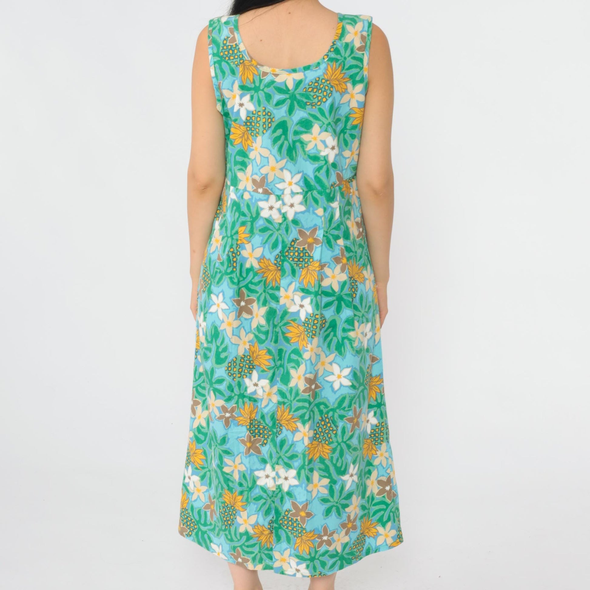 Y2K Ron Jon Surf Shop Hawaiian Floral Pineapple Midi Dress Cotton Green Medium