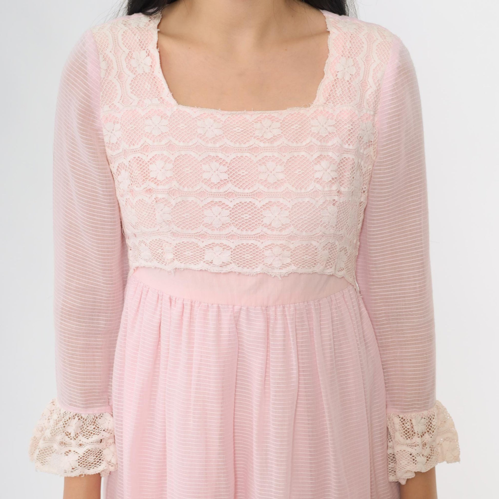 60s Pink Lace Babydoll Dress Empire Waist Mini 3/4 Sleeve Extra Small