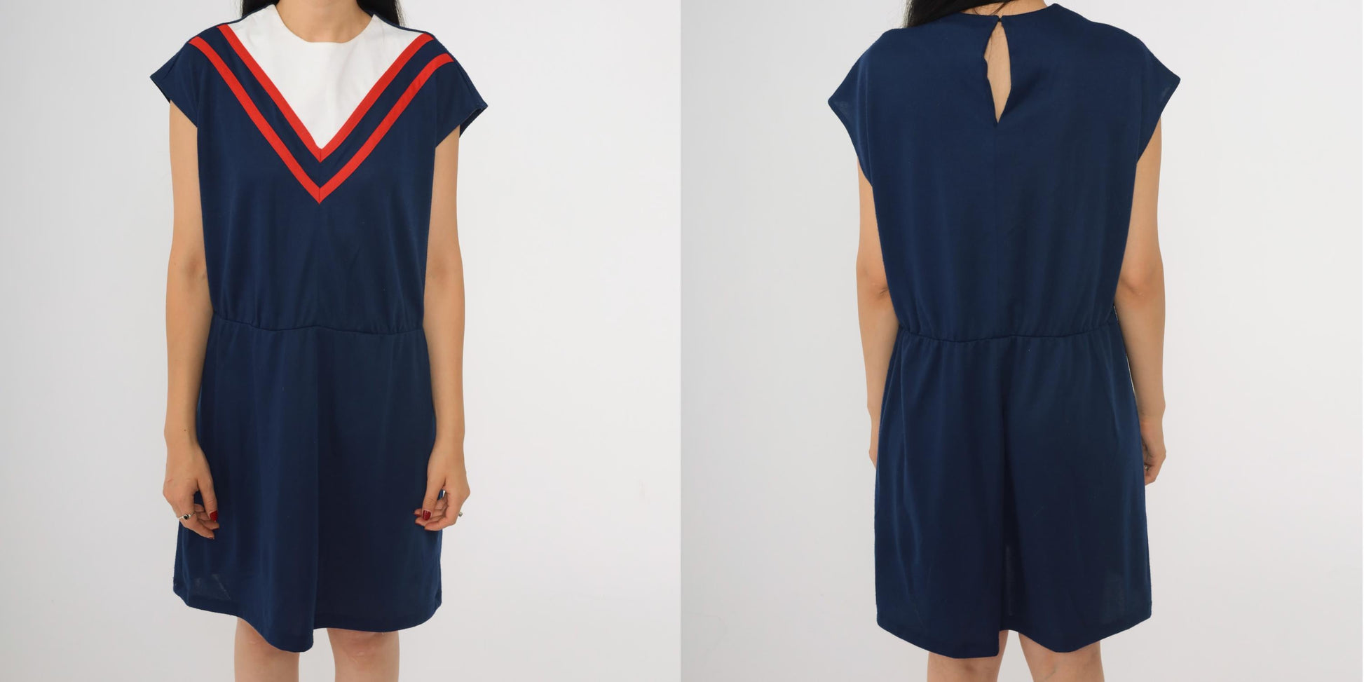 80s Navy Chevron Striped Mini Dress White Yoke Cap Sleeve High Waist Medium