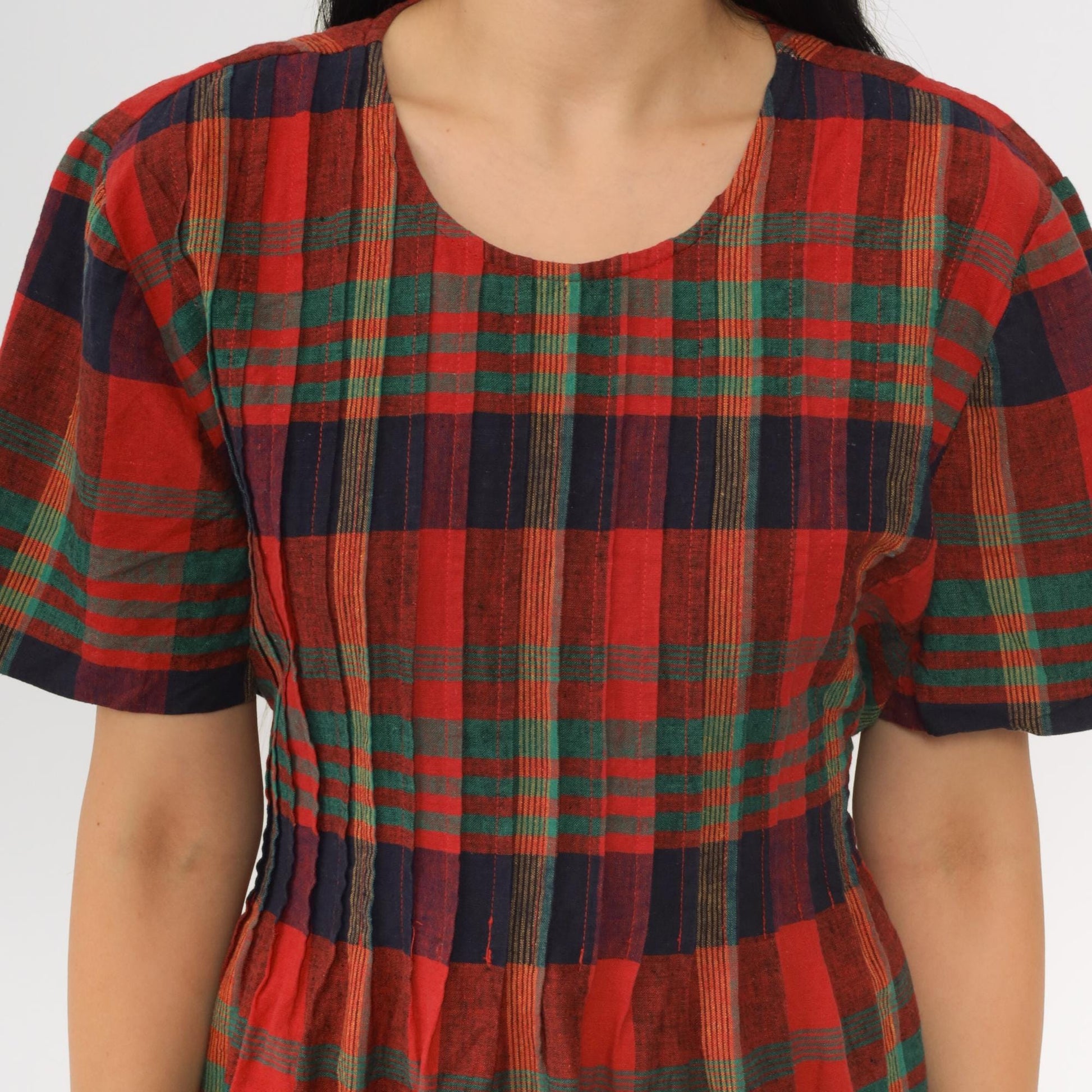 90s Plaid Mini Dress Red Blue Green Checkered Shift Linen Cotton Large