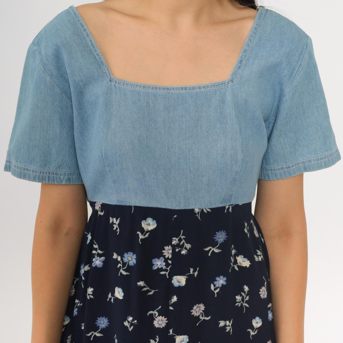 90s Jeans by Express Floral Denim Mini Dress High Waist Blue Small