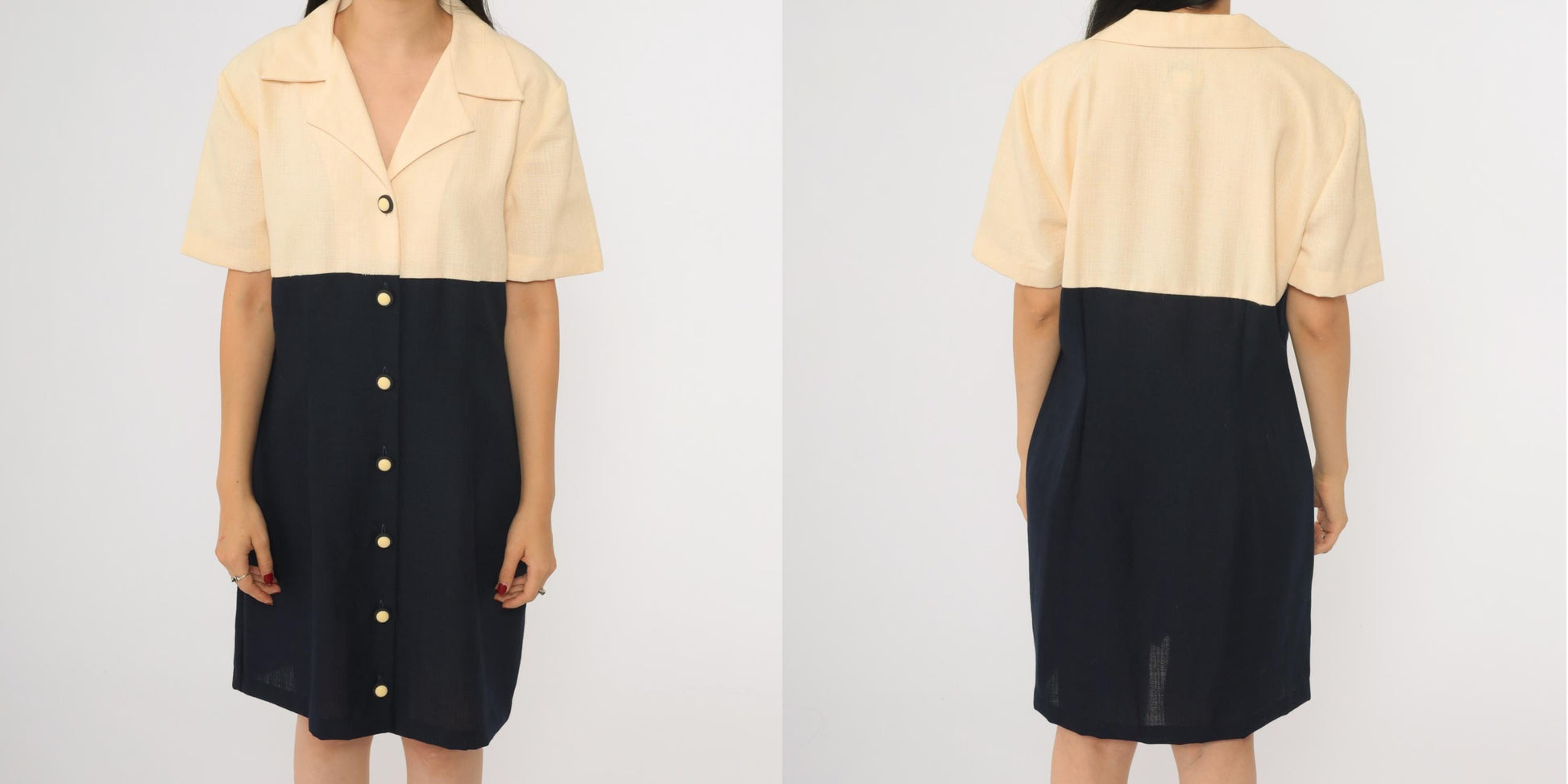 90s Two-Tone Mini Shirtdress Cream Black Empire Waist Button-Up Large