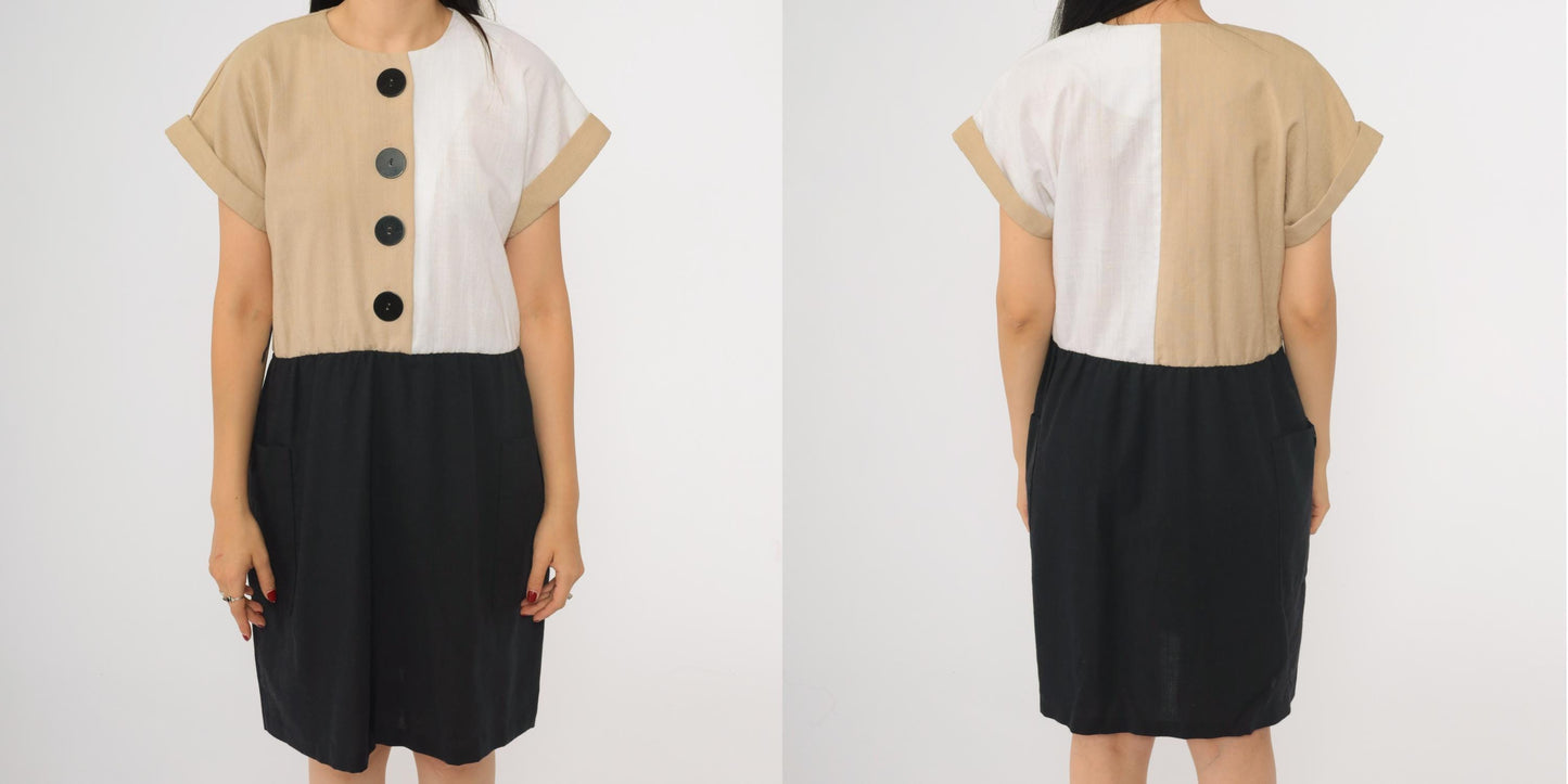 80s Color Block Mini Dress Button-Up High Waist Black Tan White Medium 8