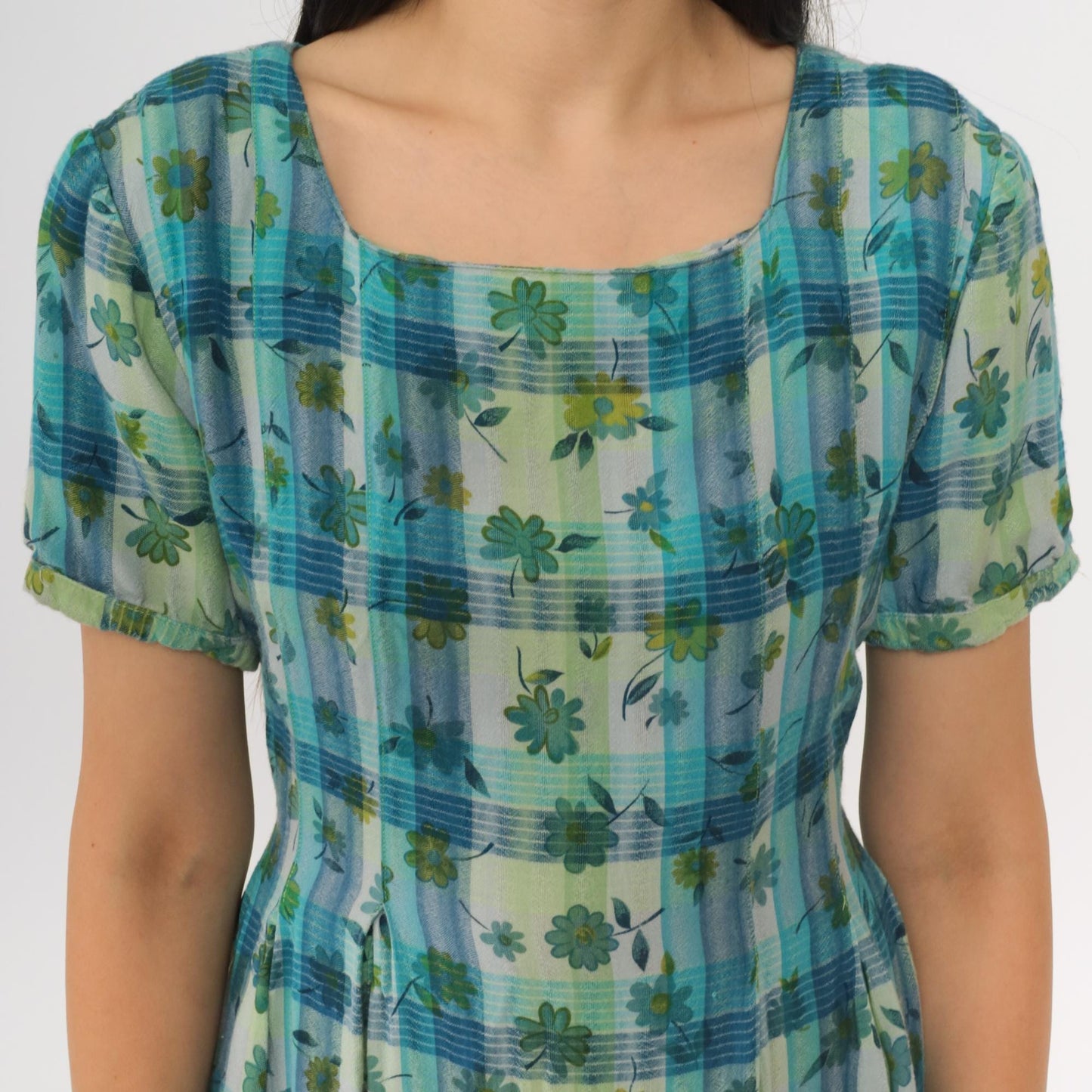 90s Sarah Elizabeth Checkered Floral Maxi Dress Blue Green Short Sleeve Medium