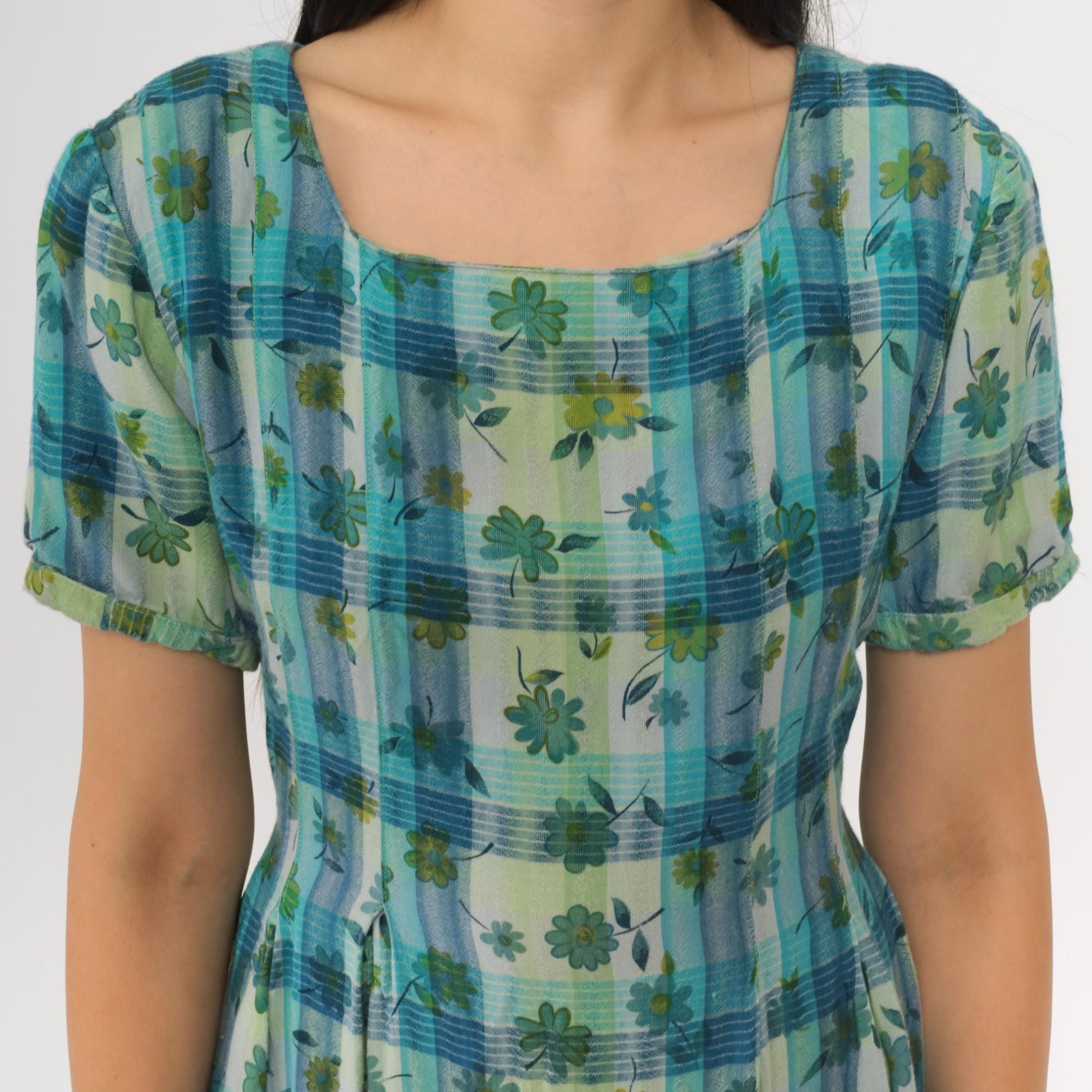 90s Sarah Elizabeth Checkered Floral Maxi Dress Blue Green Short Sleeve Medium